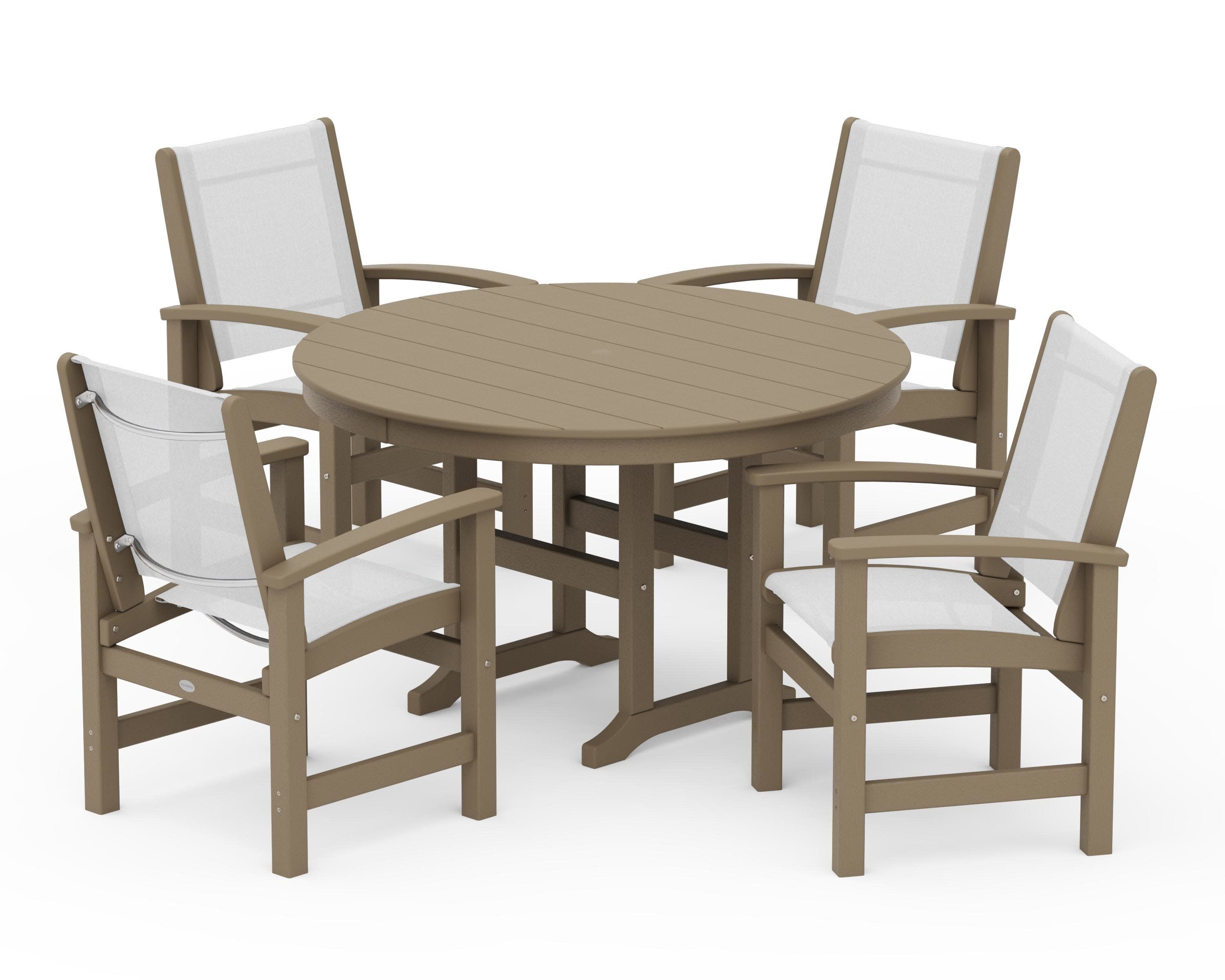 Coastal 5-Piece Round Farmhouse Dining Set in Vintage Sahara / White Sling