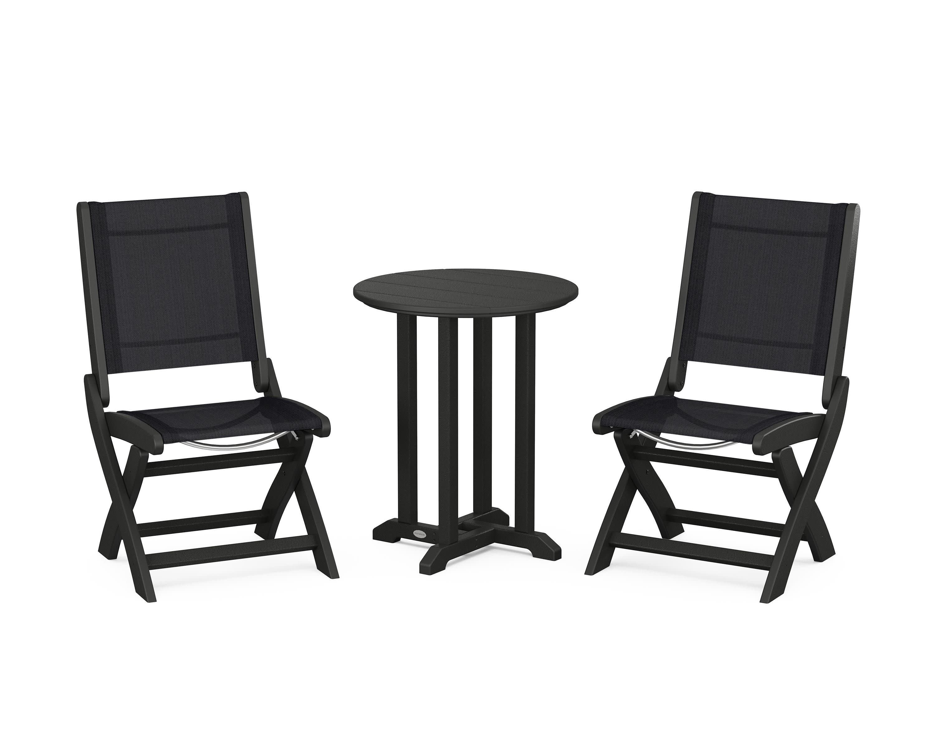Coastal Folding Side Chair 3-Piece Round Bistro Dining Set in Black / Black Sling