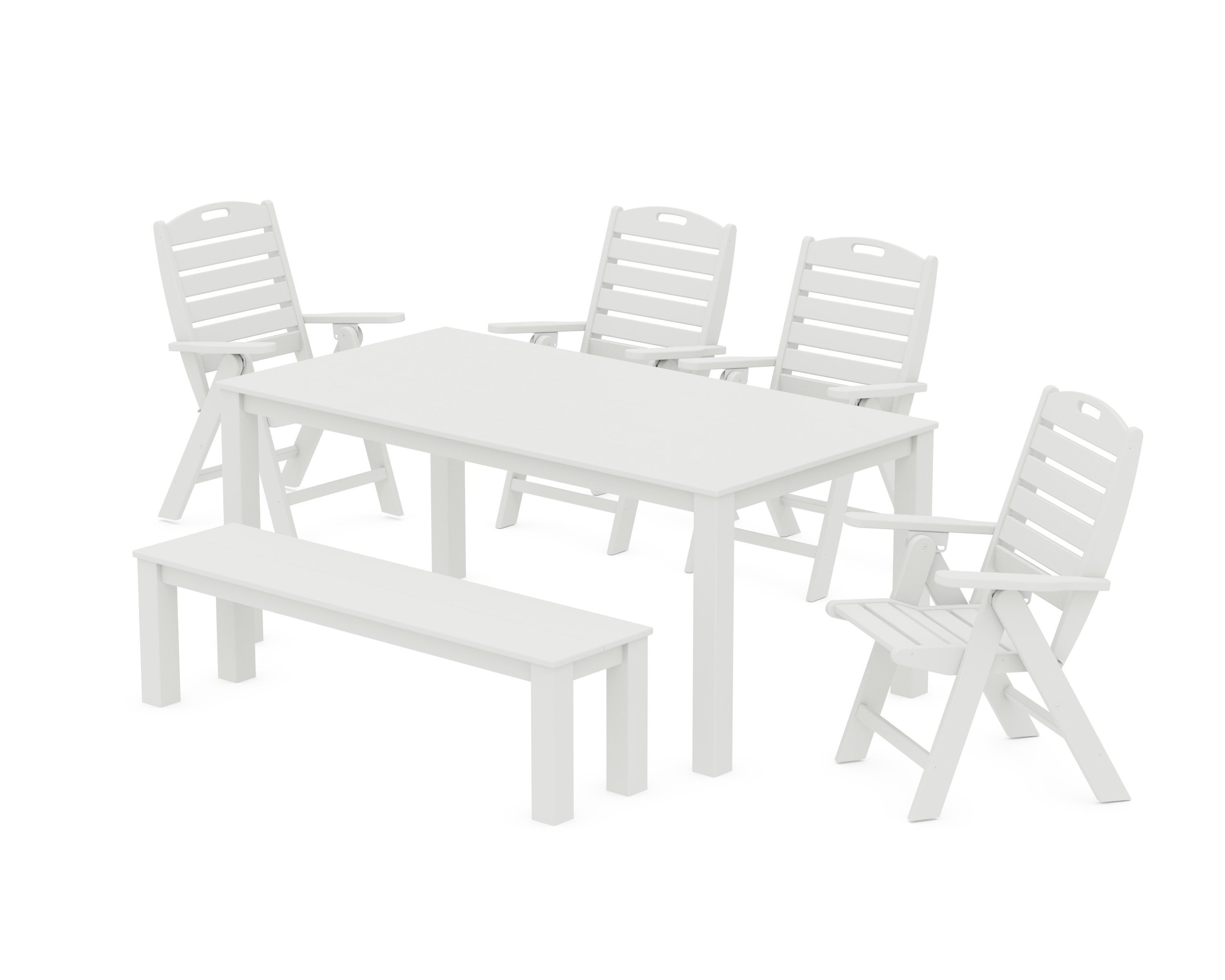 Nautical Folding Highback Chair 6-Piece Parsons Dining Set with Bench in Vintage White