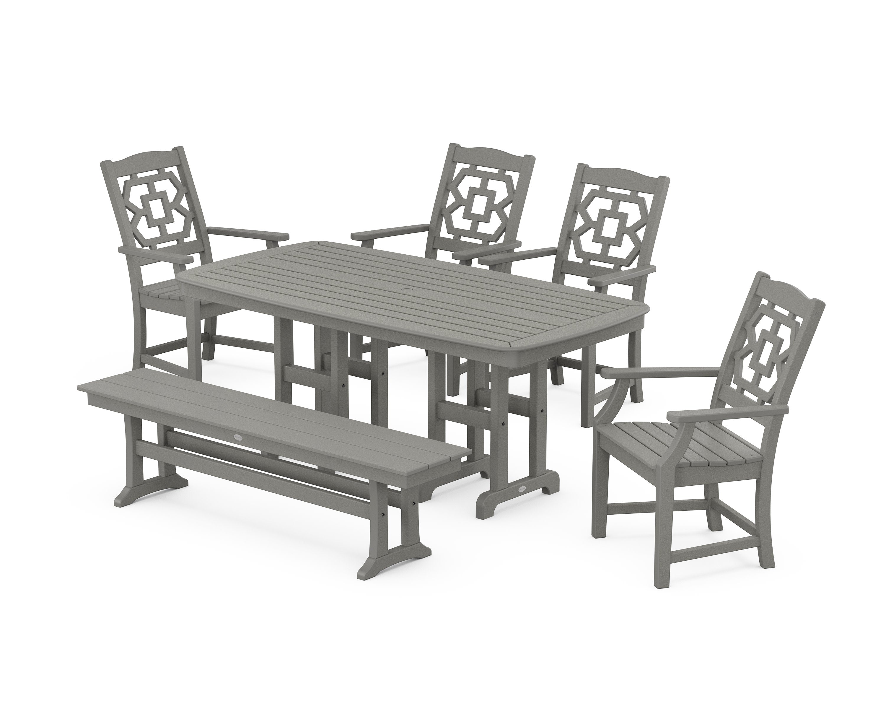 Chinoiserie 6-Piece Dining Set with Bench in Slate Grey