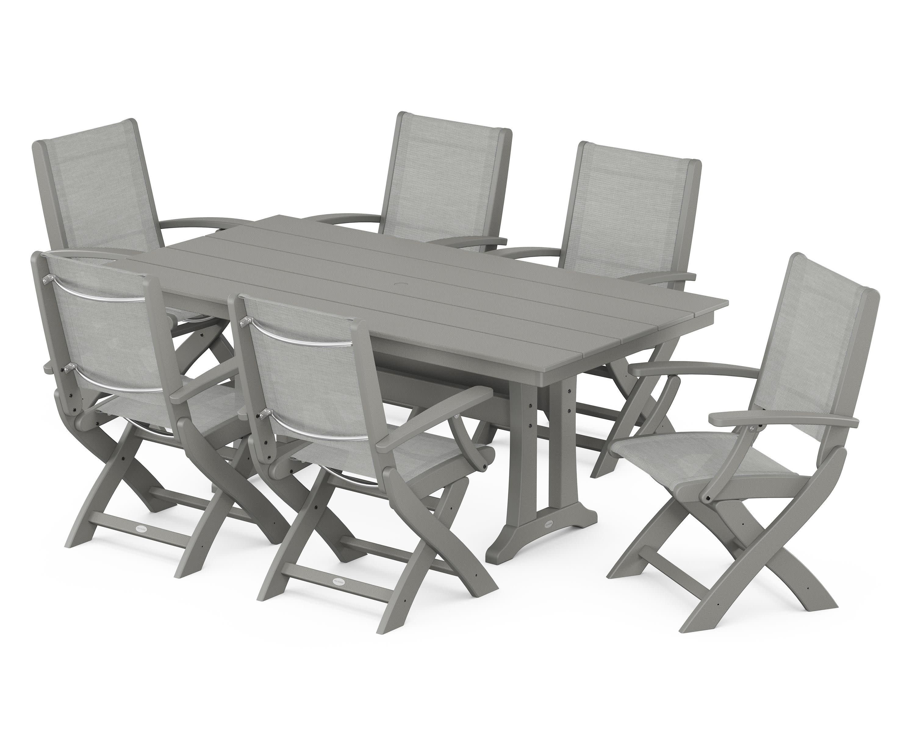 Coastal Folding Arm Chair 7-Piece Farmhouse Dining Set with Trestle Legs in Slate Grey / Metallic Sling