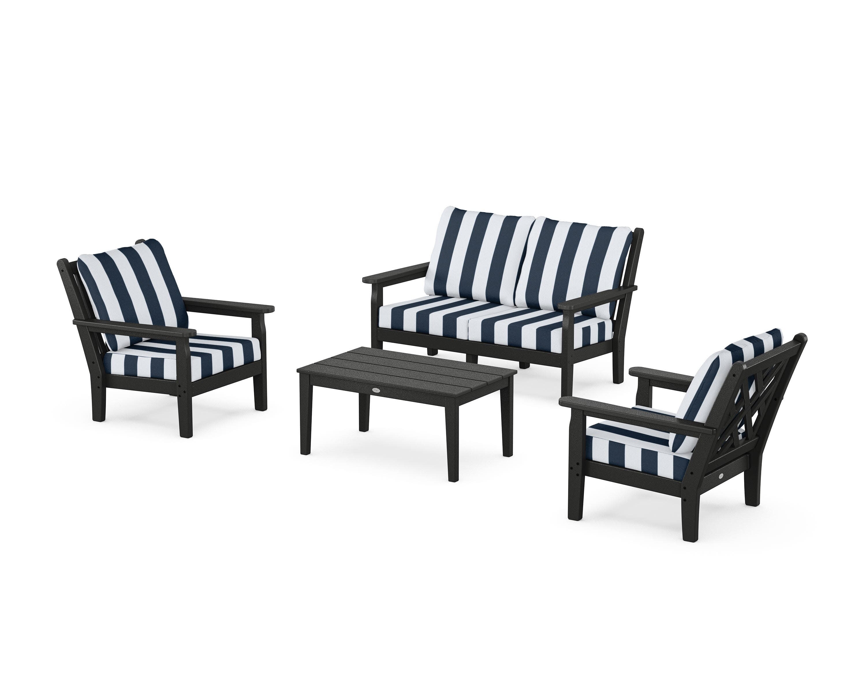 Chippendale 4-Piece Deep Seating Set with Loveseat in Black / Cabana Stripe Marine Indigo
