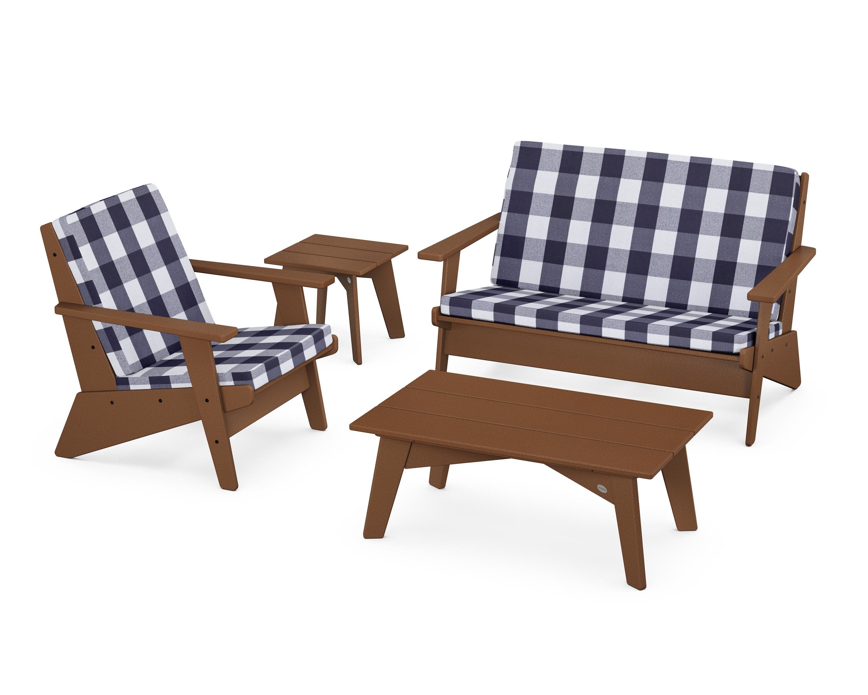 Riviera Modern Lounge 4-Piece Set in Teak / Buffalo Plaid Navy