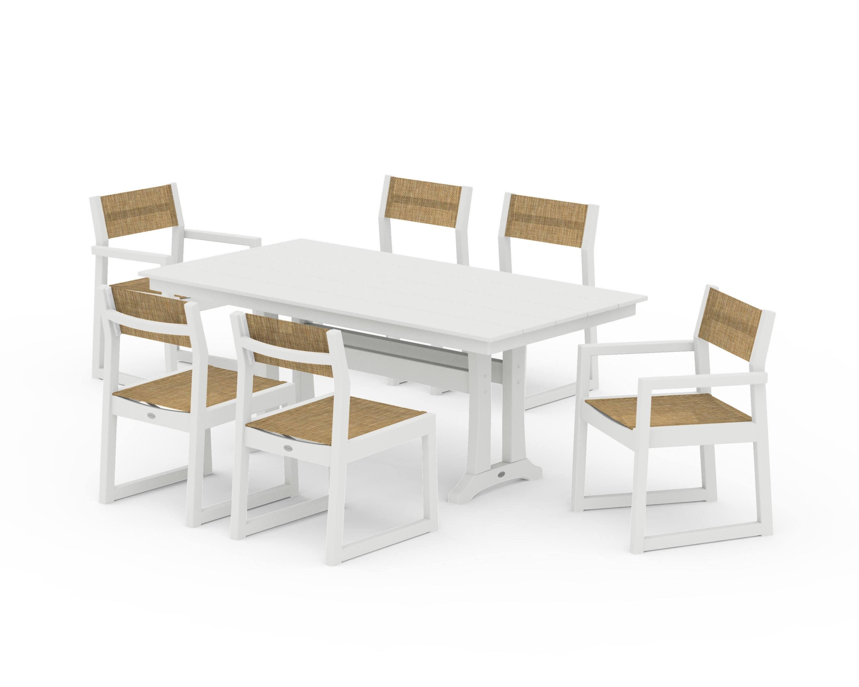 EDGE Sling 7-Piece Farmhouse Trestle Dining Set in Vintage White / Burlap Sling