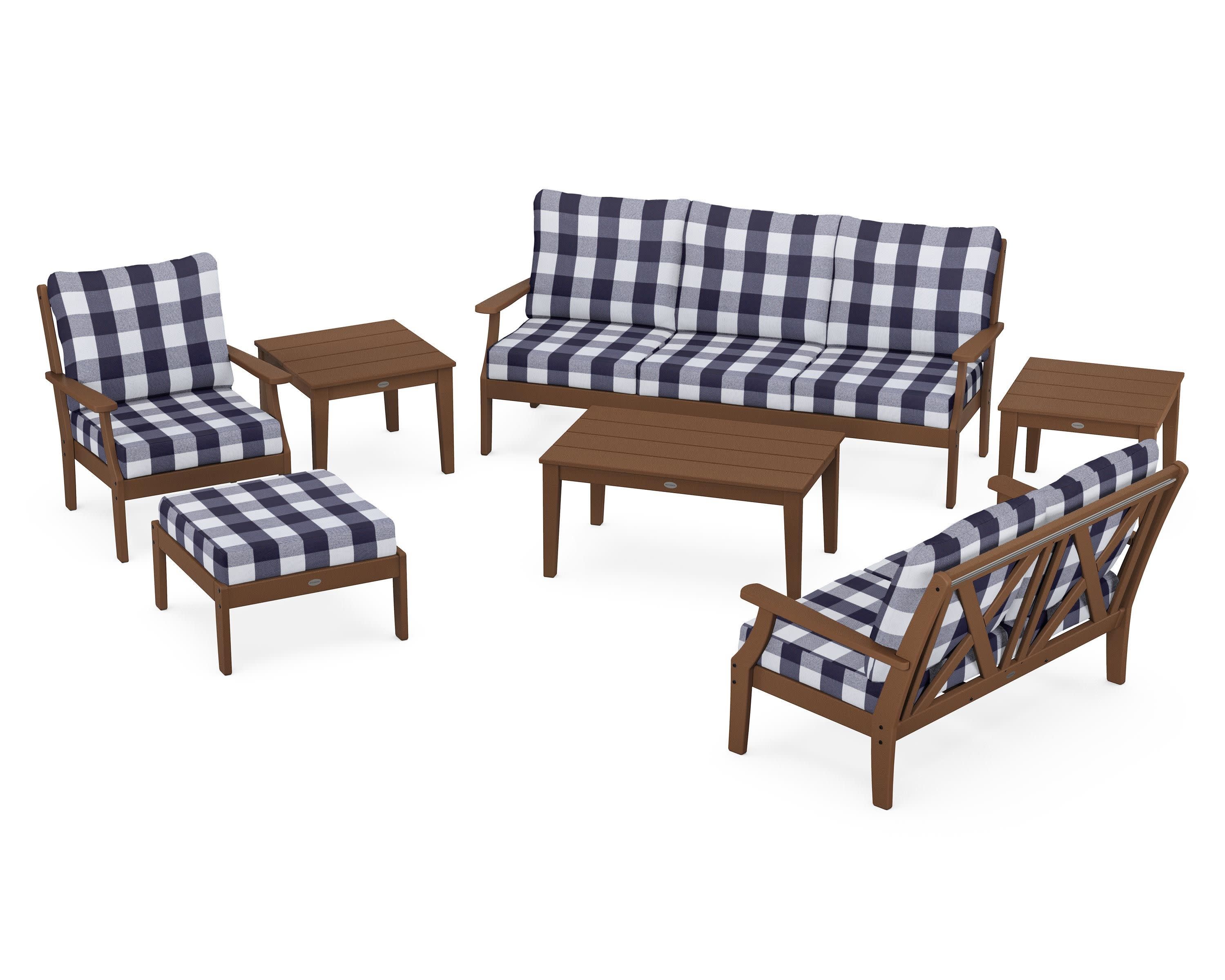 Braxton 7-Piece Deep Seating Set in Teak / Buffalo Plaid Navy