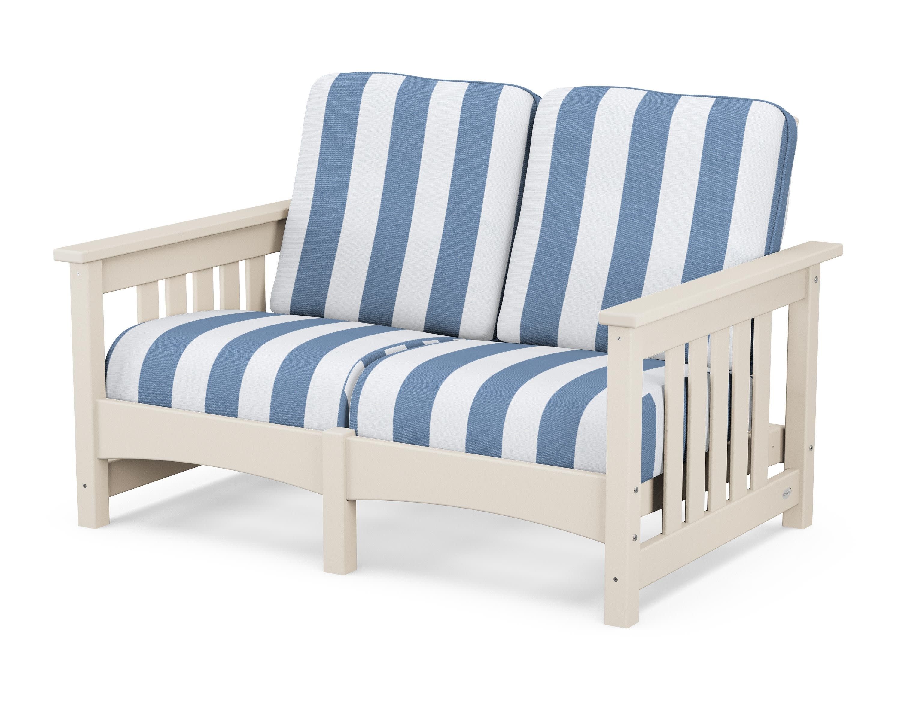 Club Mission Loveseat in Sand / Cabana Stripe Sky Blue