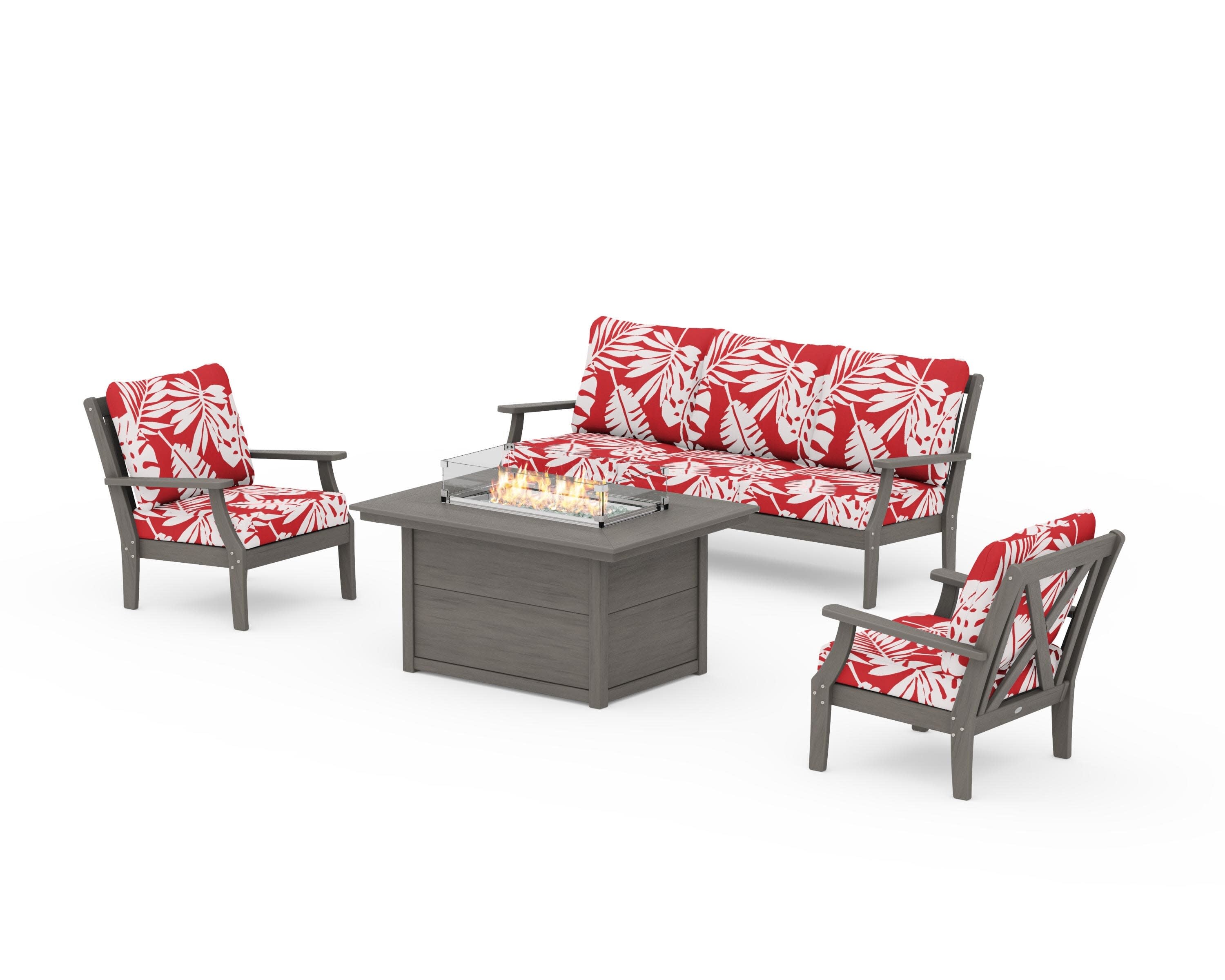 Braxton Deep Seating Fire Pit Table Set in Driftwood / Leaf Crimson