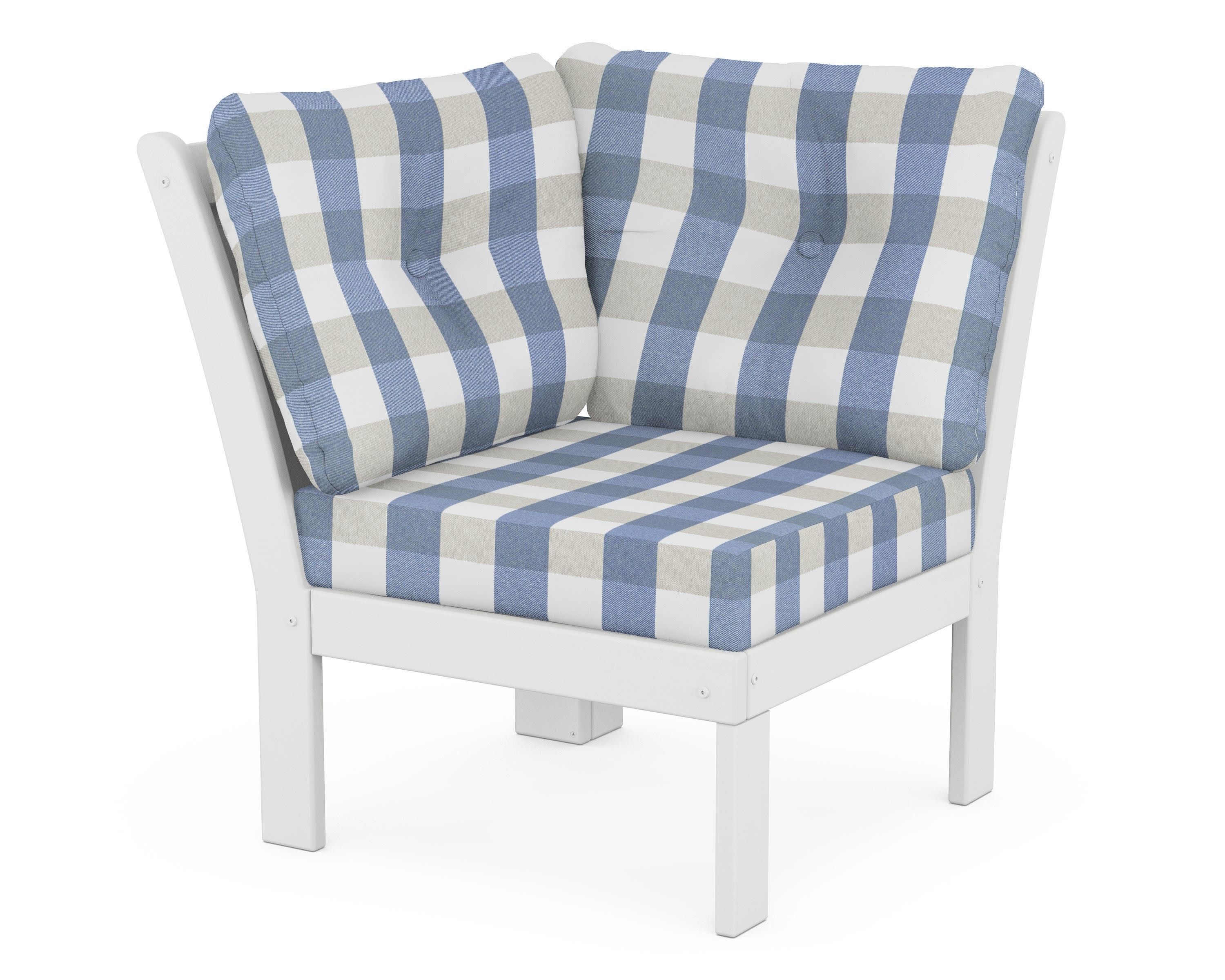 Vineyard Modular Corner Chair in White / Buffalo Plaid Sky Blue