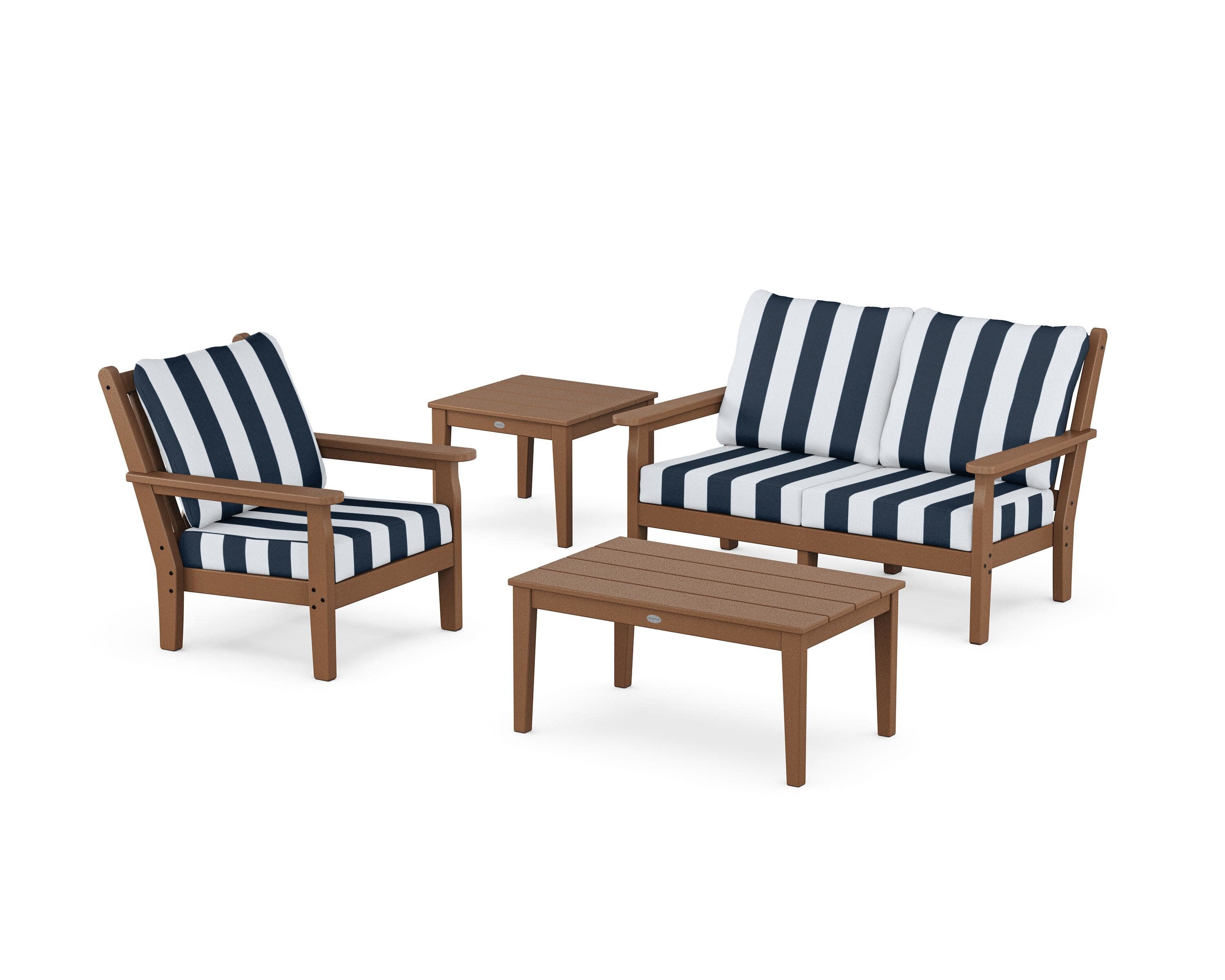 Chippendale 4-Piece Deep Seating Set in Teak / Cabana Stripe Marine Indigo