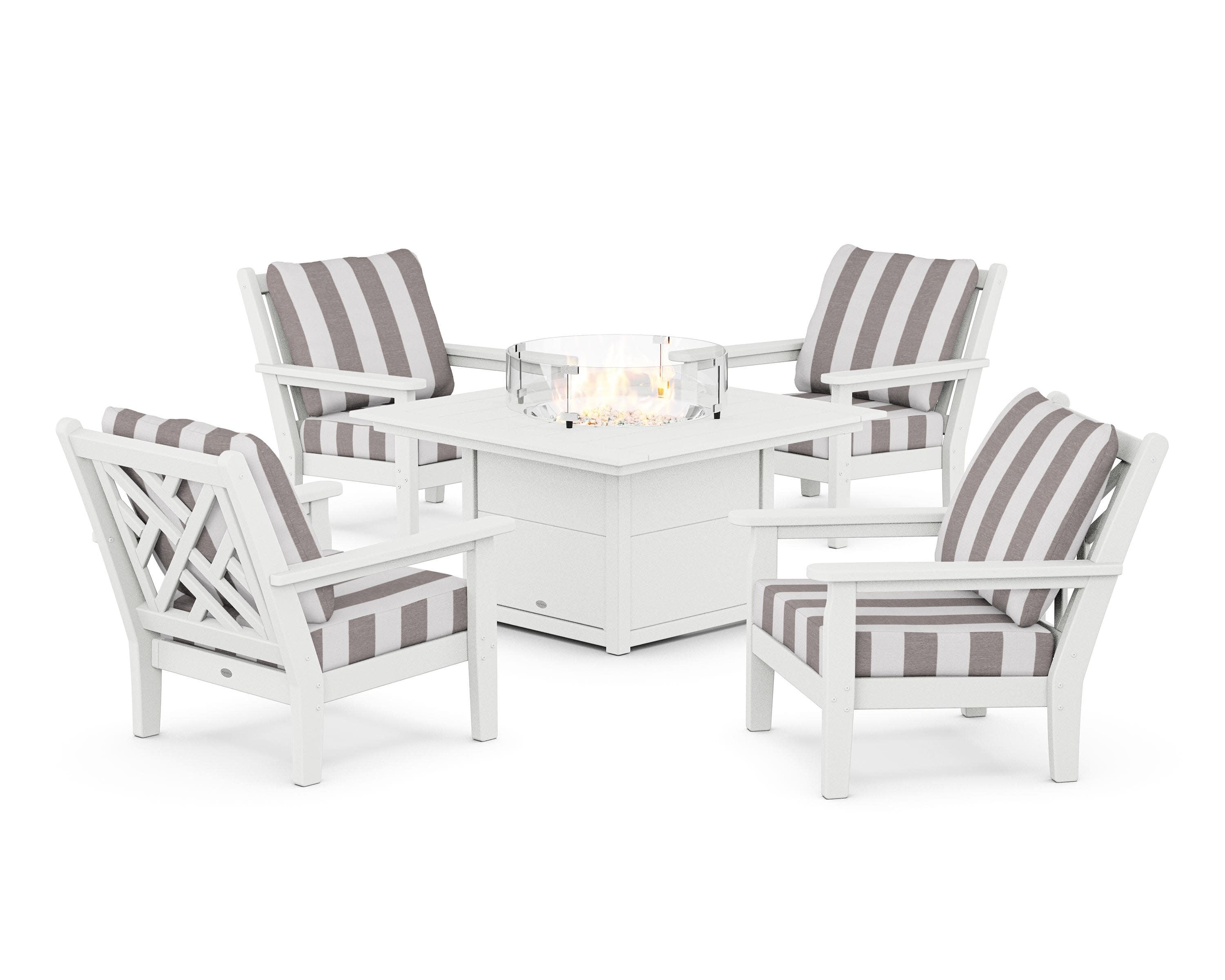 Chippendale 5-Piece Deep Seating Set with Fire Pit Table in White / Cabana Stripe Grey Mist
