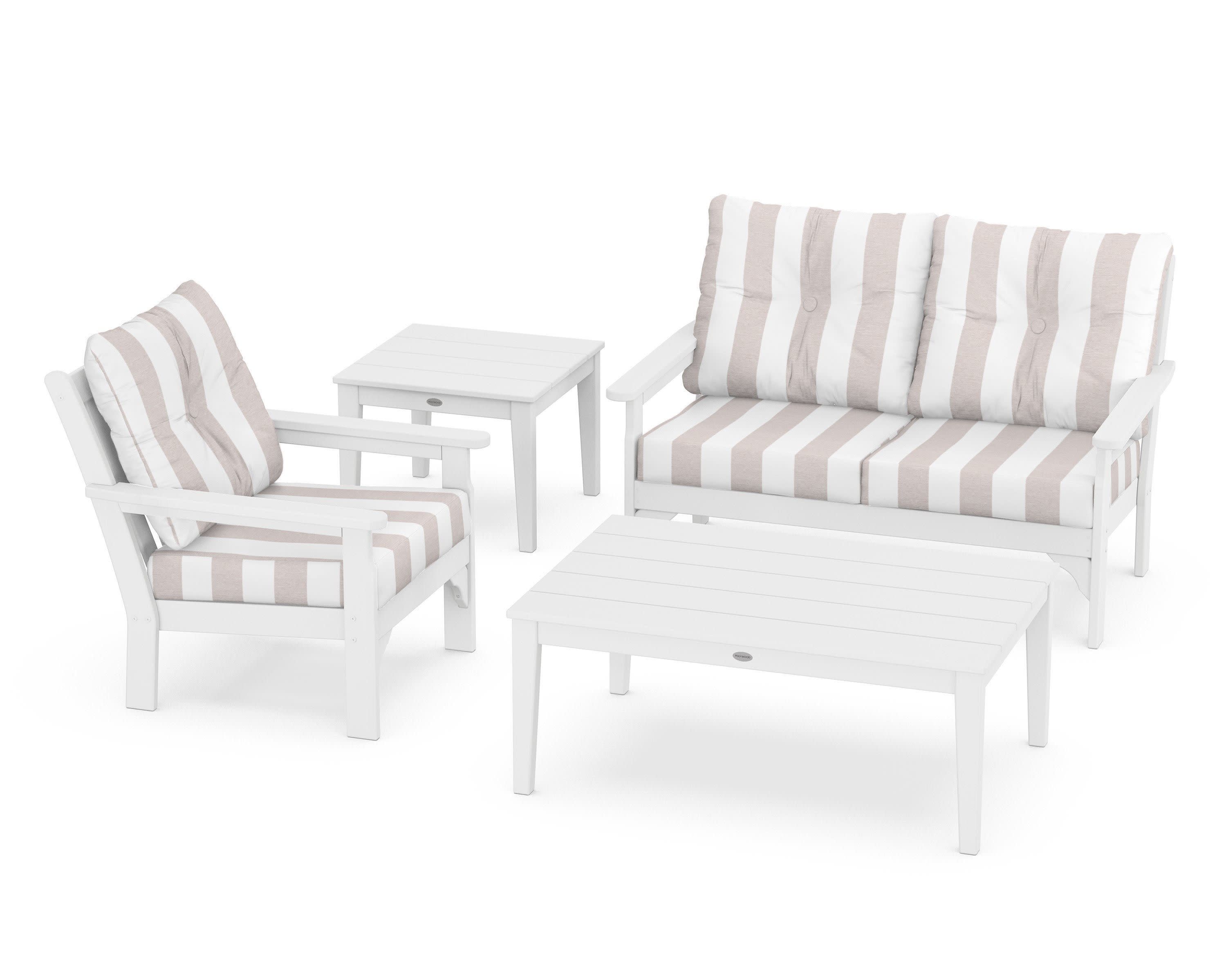 Vineyard 4-Piece Deep Seating Set in White / Cabana Stripe Dune Burlap