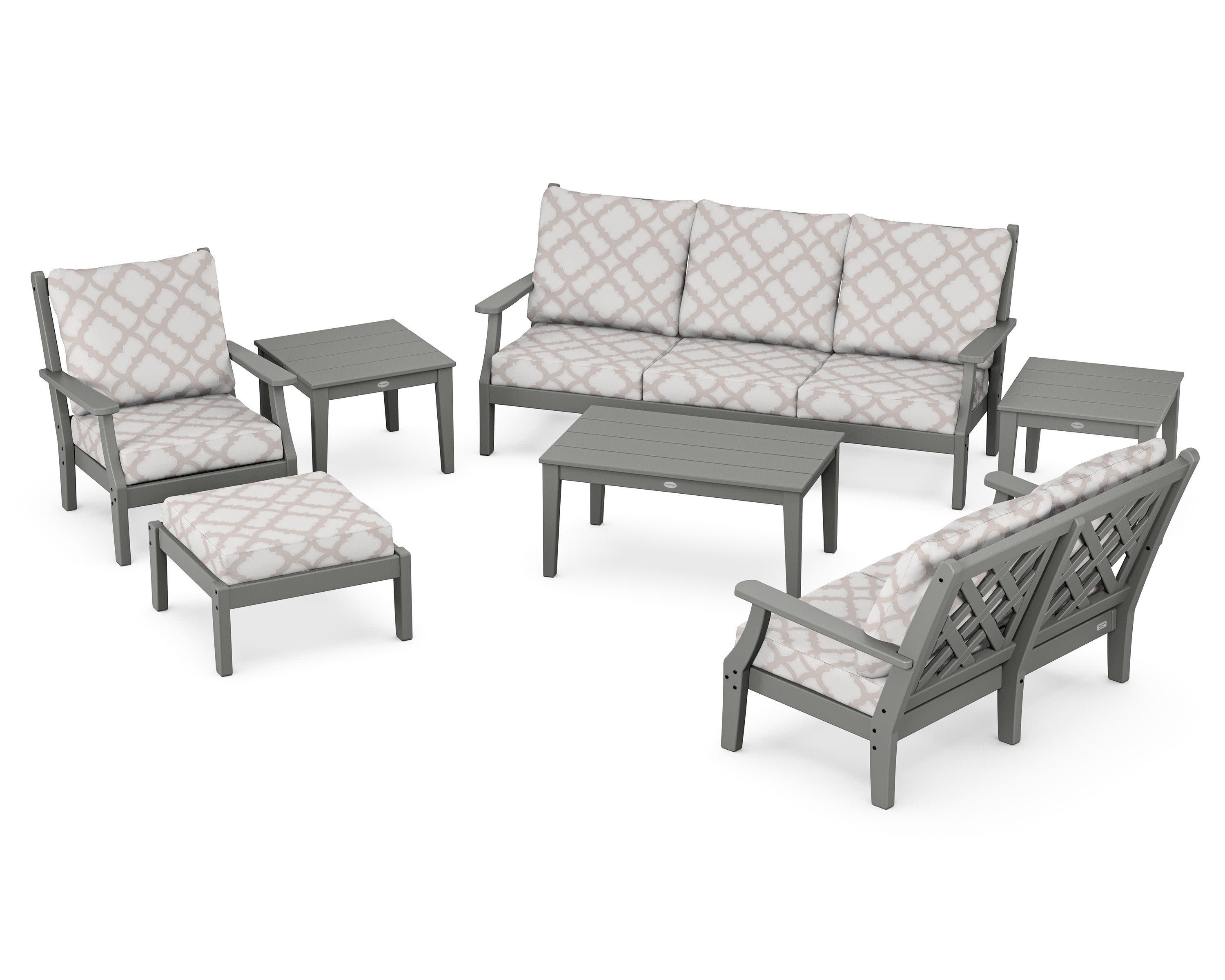 Wovendale 7-Piece Deep Seating Set in Slate Grey / Trellis Dune Burlap