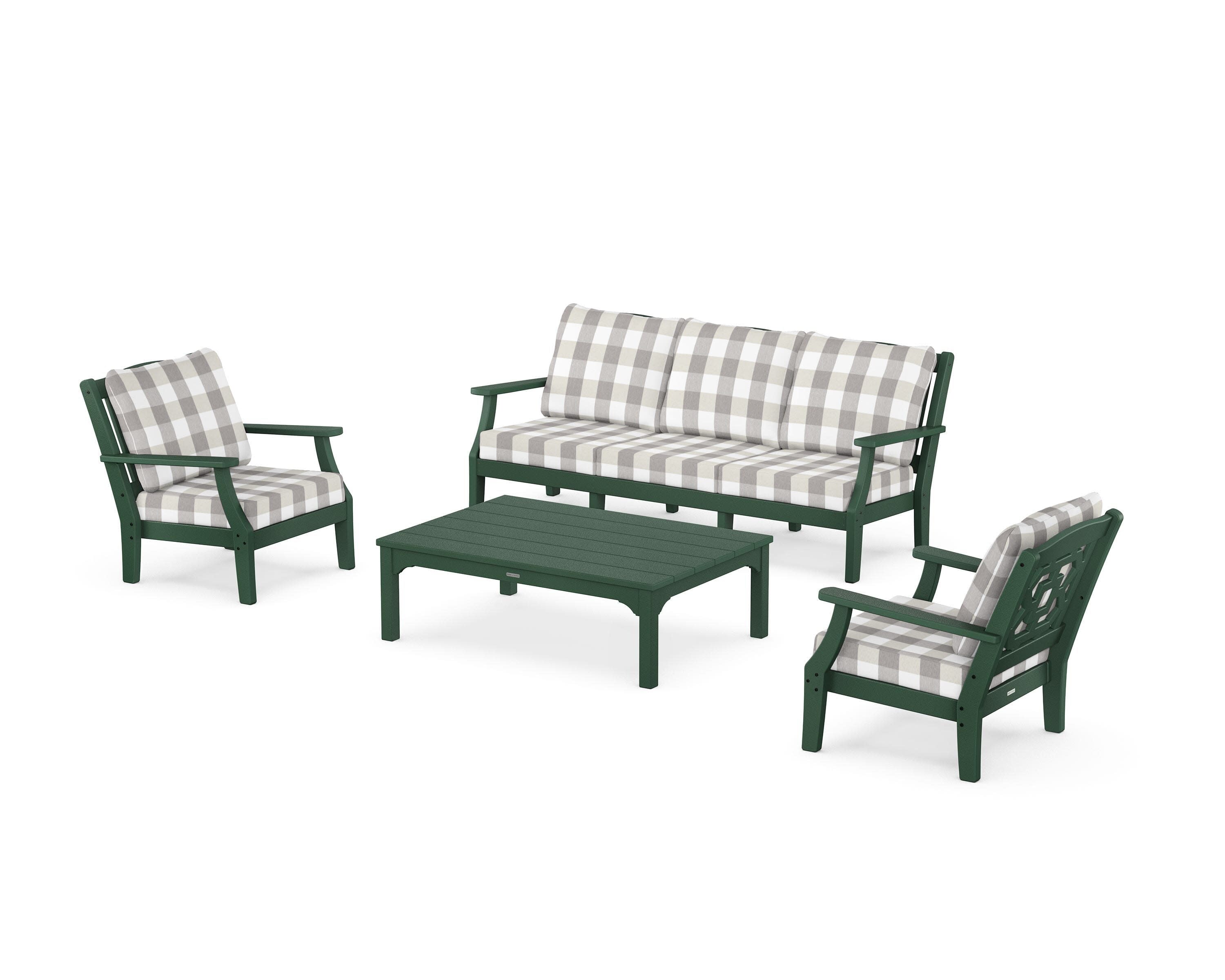 Chinoiserie 4-Piece Deep Seating Set with Sofa in Green / Buffalo Plaid Grey Mist