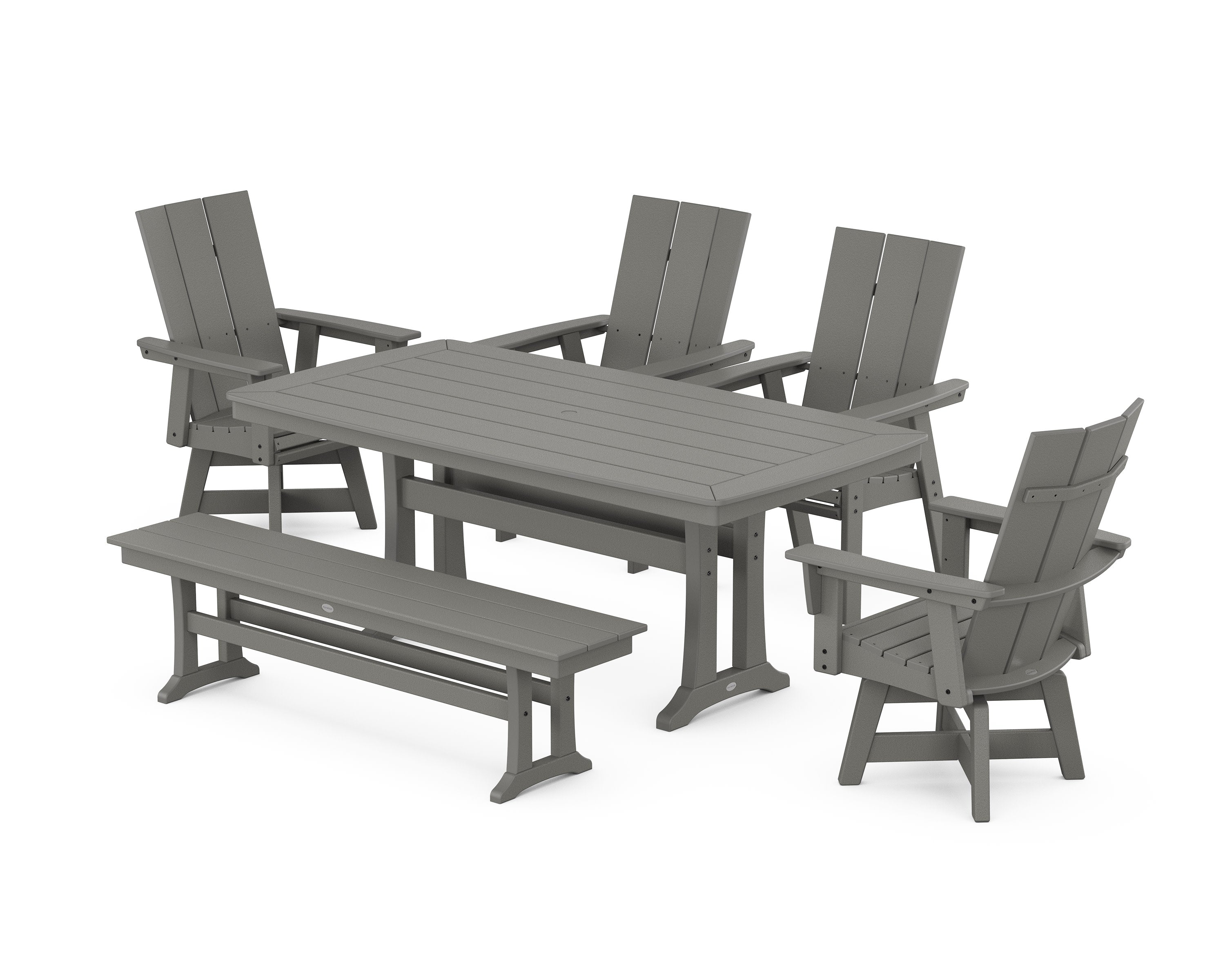 Modern Curveback Adirondack Swivel Chair 6-Piece Dining Set with Trestle Legs and Bench in Slate Grey
