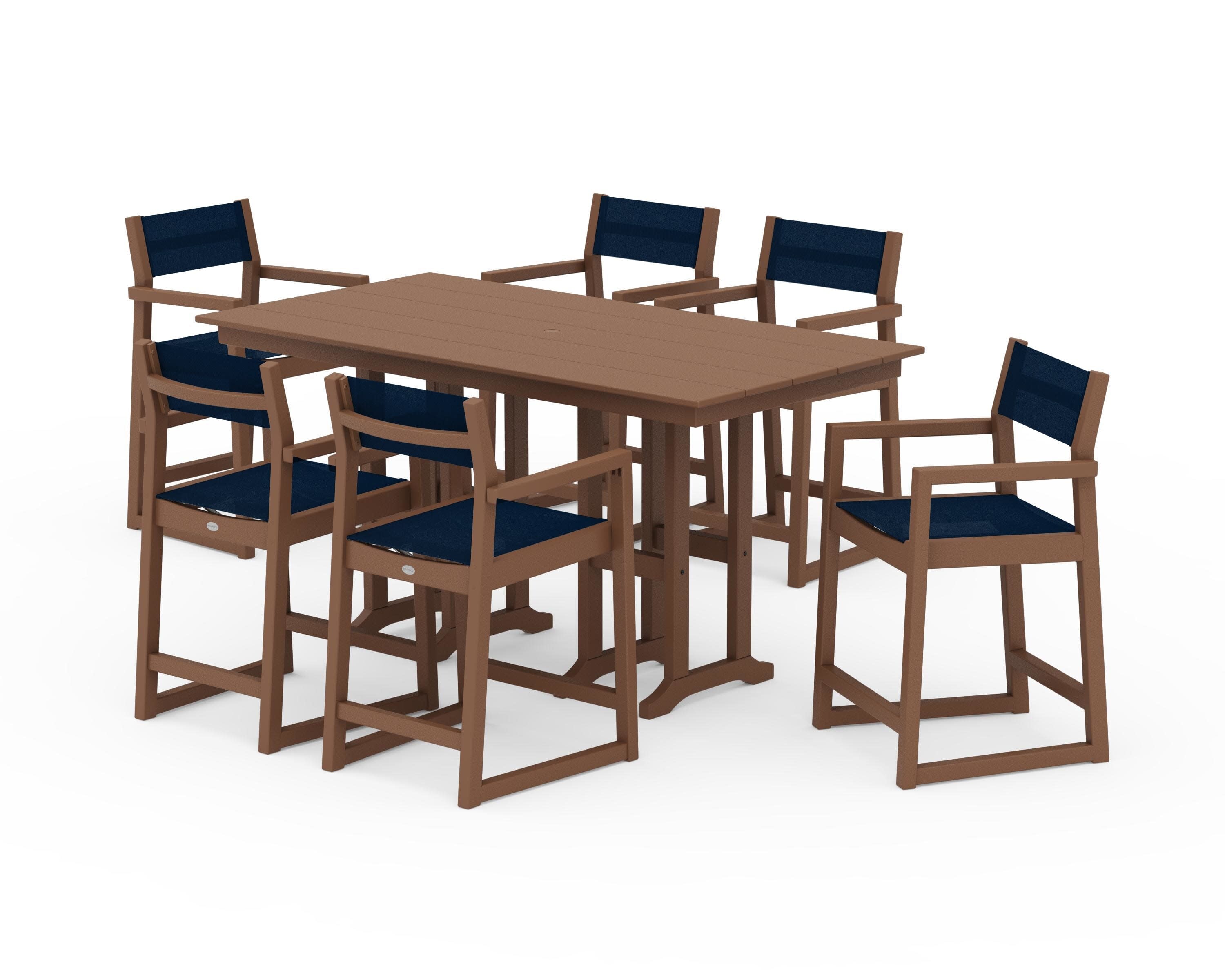 EDGE Sling Arm Chair 7-Piece Farmhouse Counter Set in Teak / Navy Blue Sling