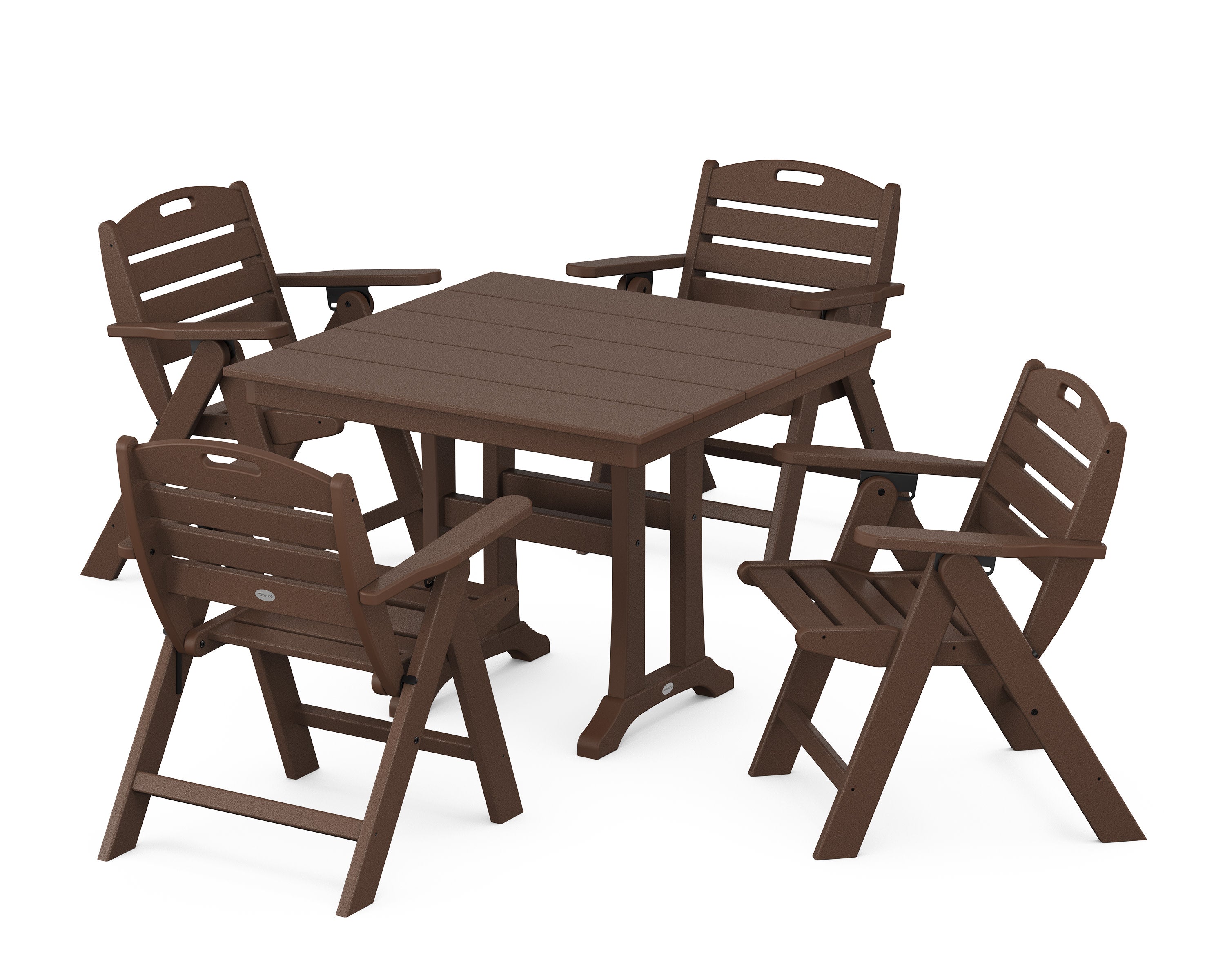 Nautical Folding Lowback Chair 5-Piece Farmhouse Dining Set With Trestle Legs in Mahogany