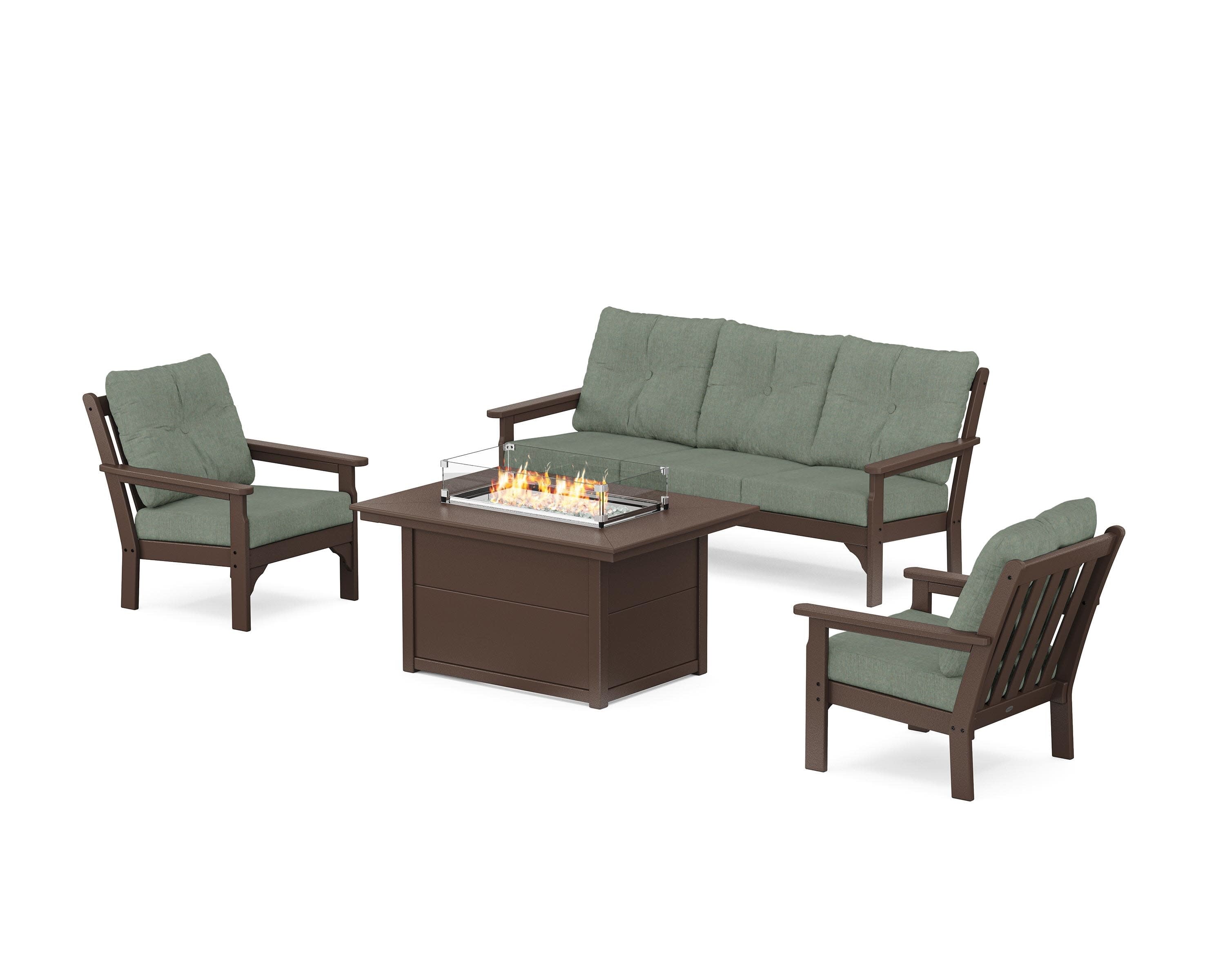 Vineyard Deep Seating Fire Pit Table Set in Mahogany / Cast Sage
