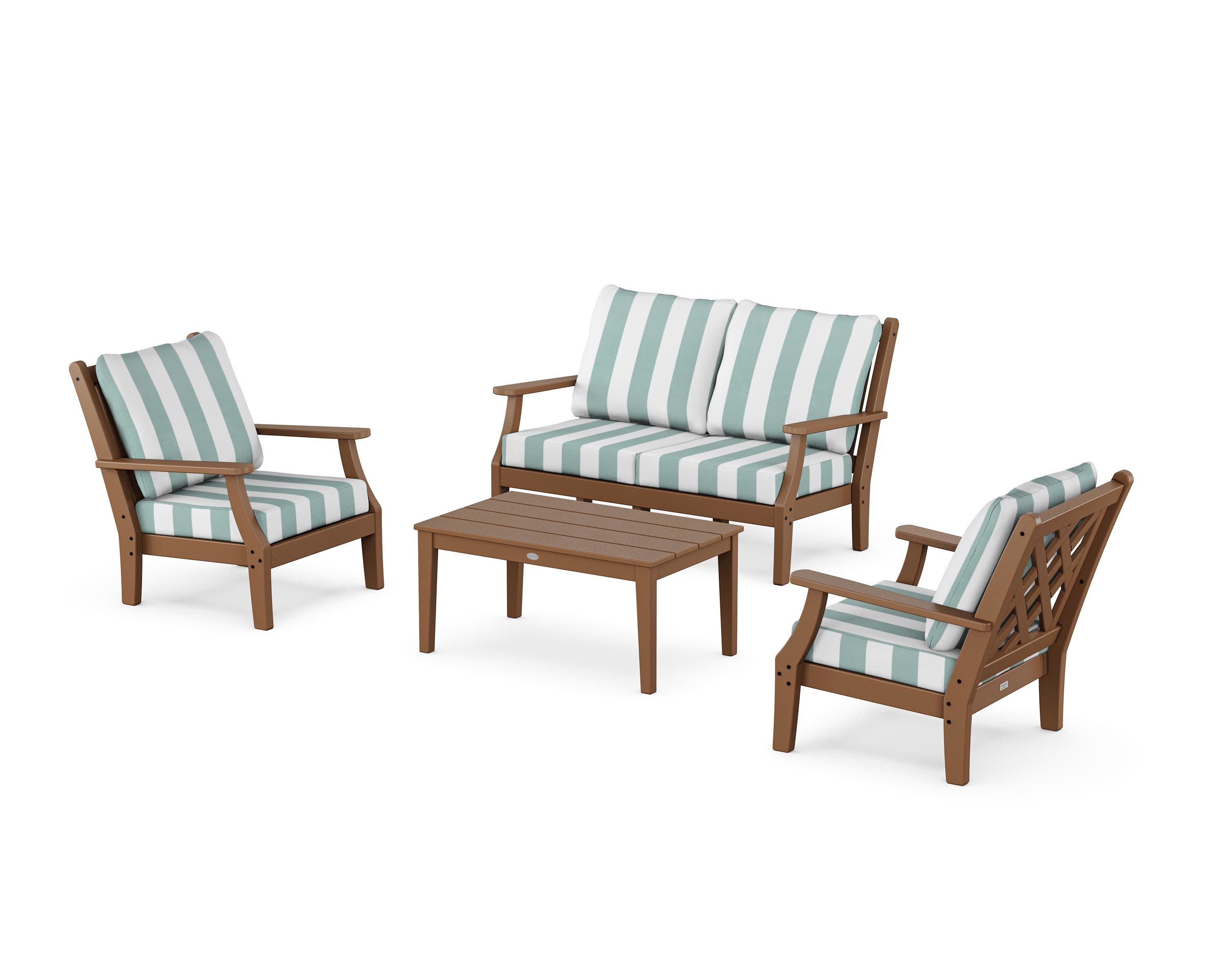 Wovendale 4-Piece Deep Seating Set with Loveseat in Teak / Cabana Stripe Glacier Spa