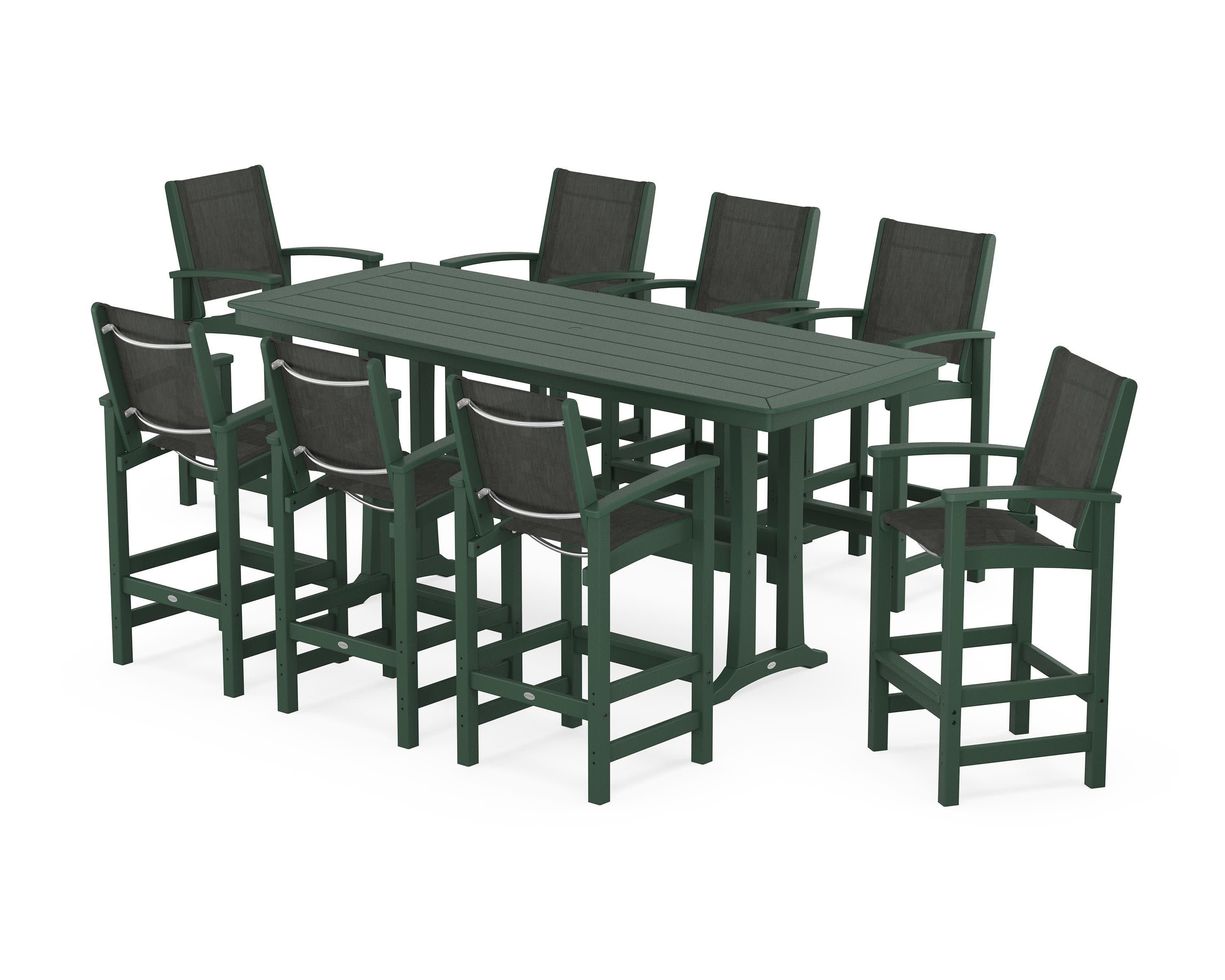 Coastal 9-Piece Bar Set with Trestle Legs in Green / Ember Sling
