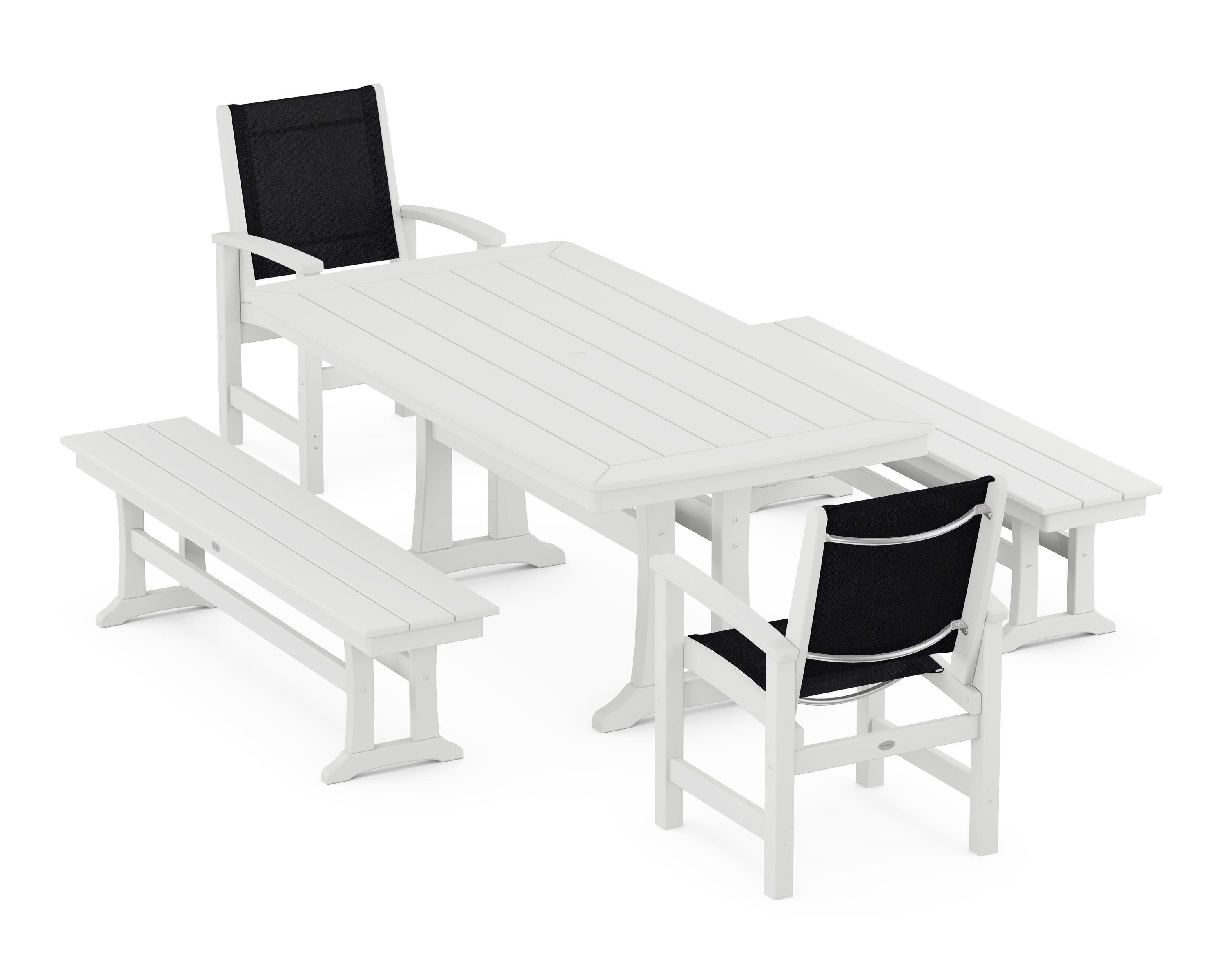 Coastal 5-Piece Dining Set with Trestle Legs and Benches in White / Black Sling