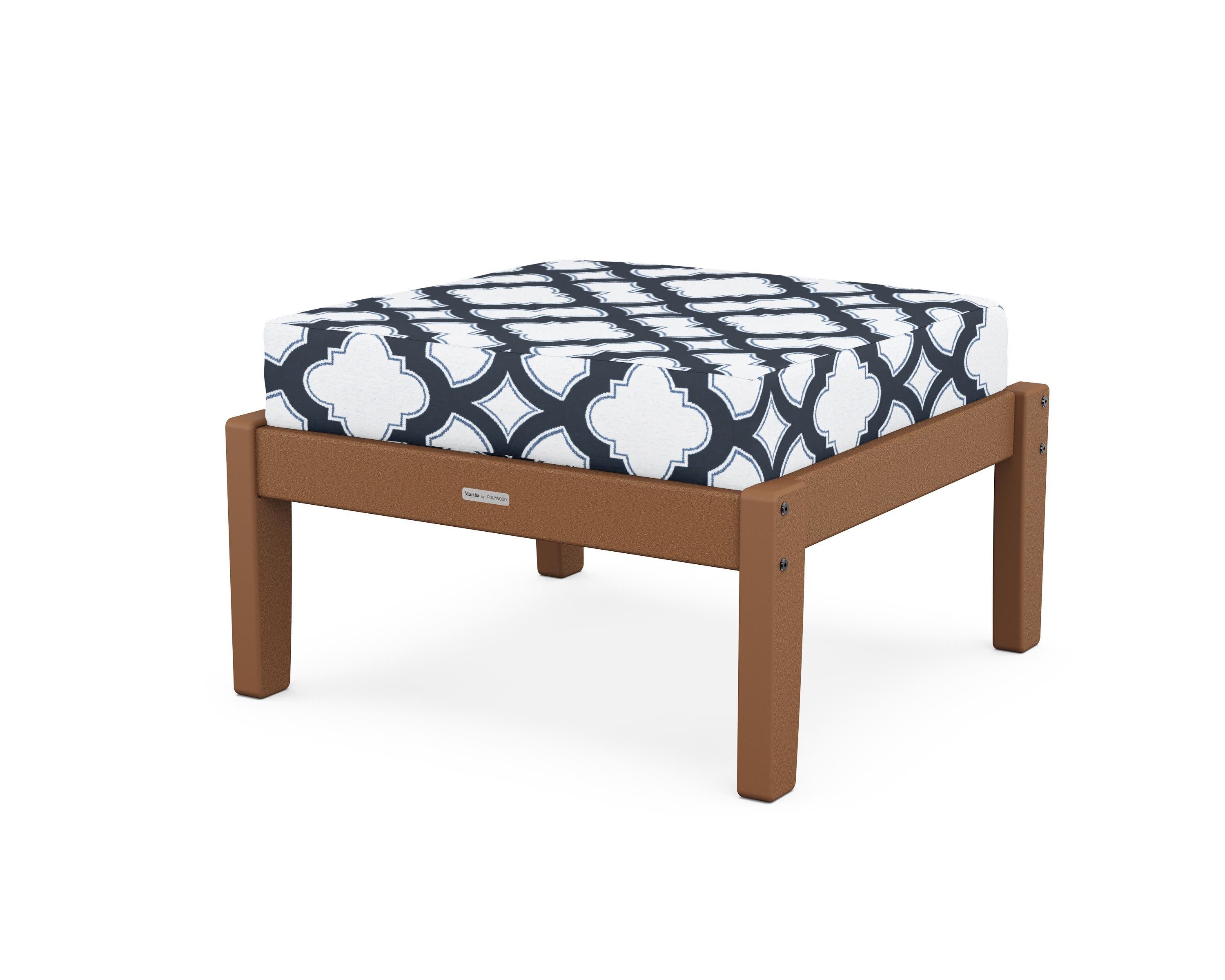 Chinoiserie Deep Seating Ottoman in Teak / Trellis Marine Indigo