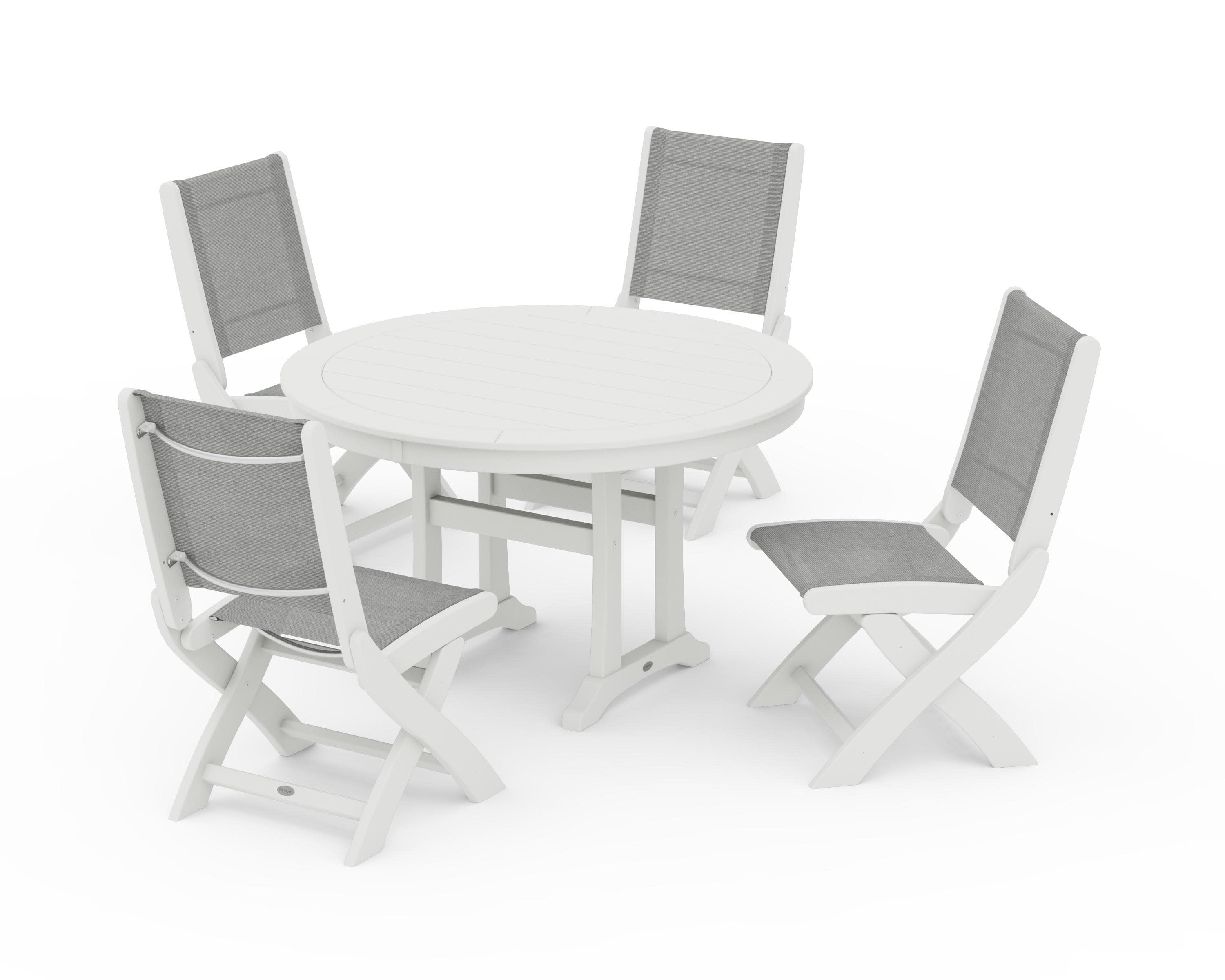 Coastal Folding Side Chair 5-Piece Round Dining Set With Trestle Legs in Vintage White / Metallic Sling