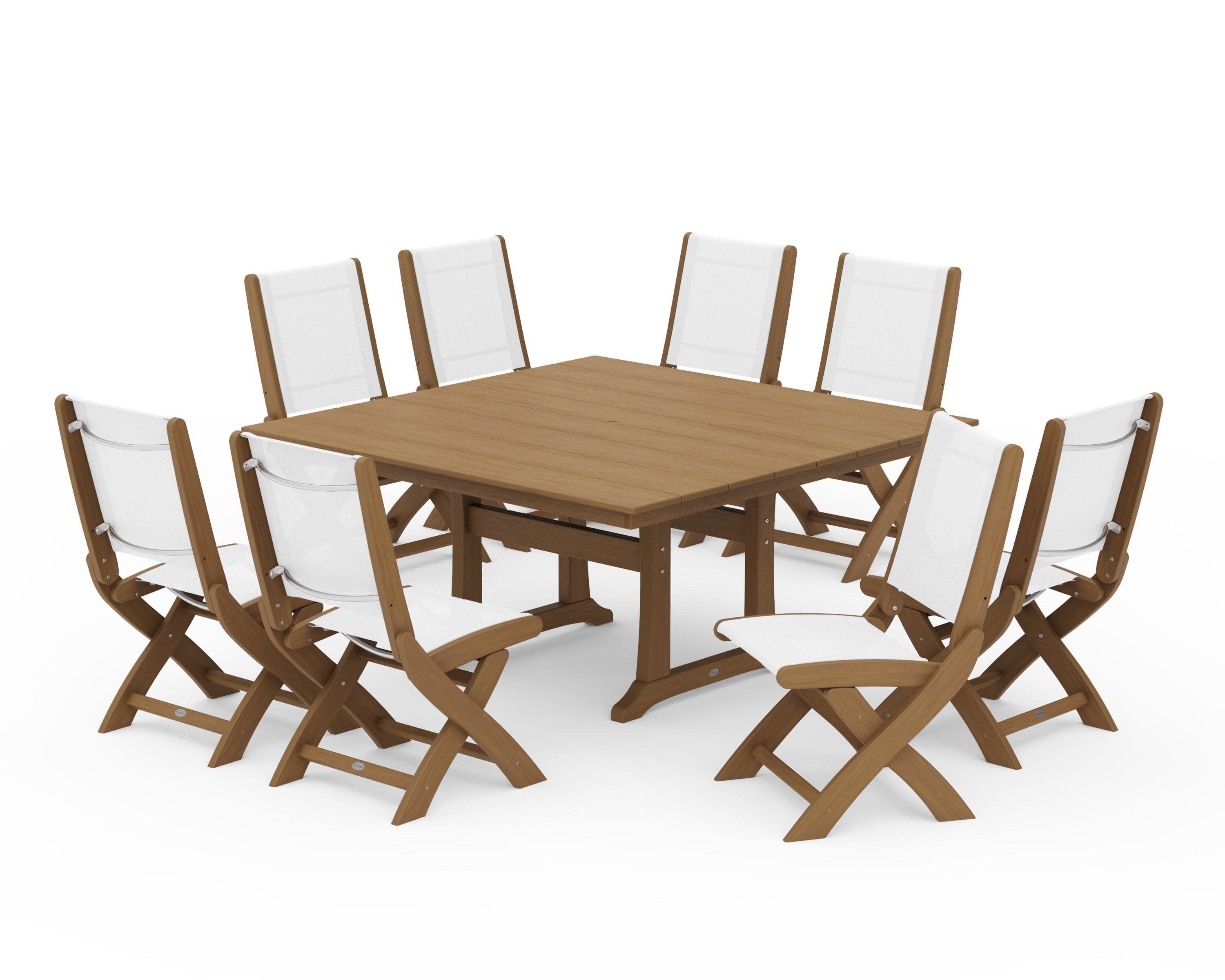 Coastal Folding Side Chair 9-Piece Farmhouse Dining Set in Natural / White Sling