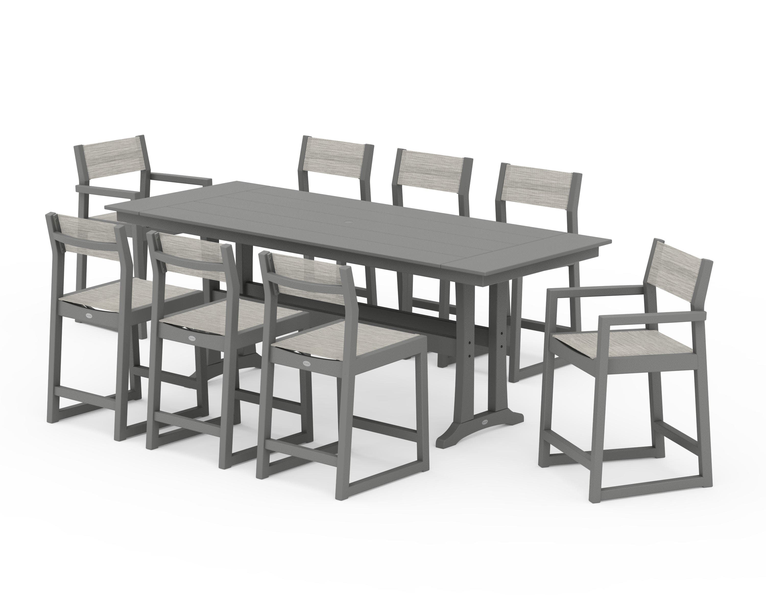 EDGE Sling 9-Piece Farmhouse Counter Set with Trestle Legs in Slate Grey / Birch Sling