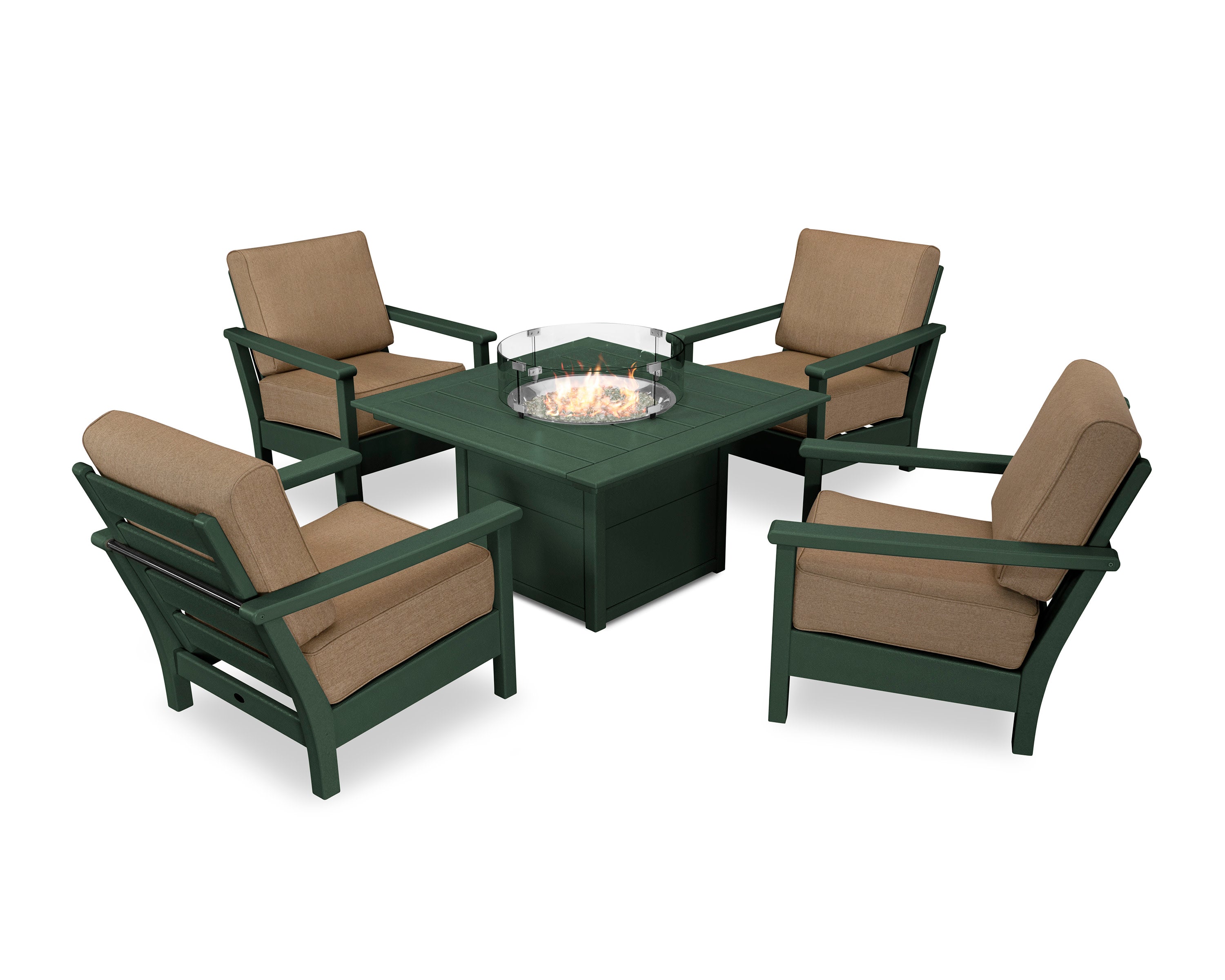 Harbour 5-Piece Conversation Set with Fire Pit Table in Green / Sesame