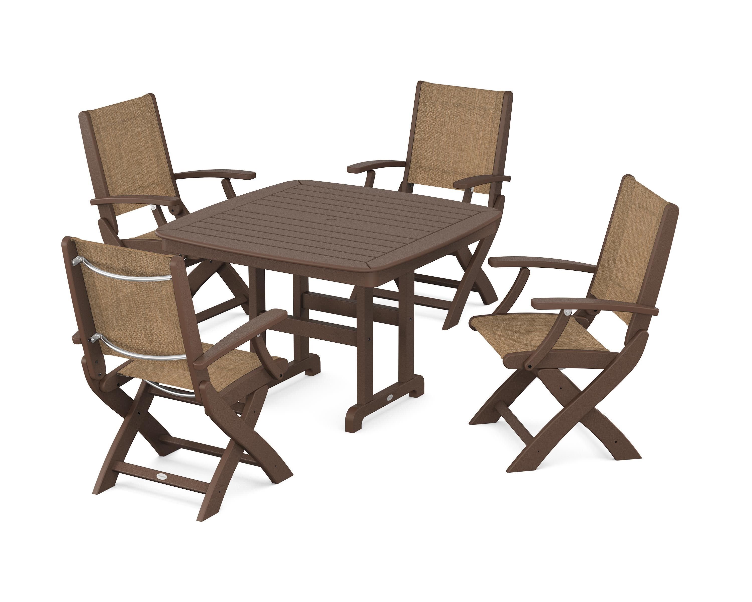 Coastal Folding Chair 5-Piece Dining Set in Mahogany / Burlap Sling