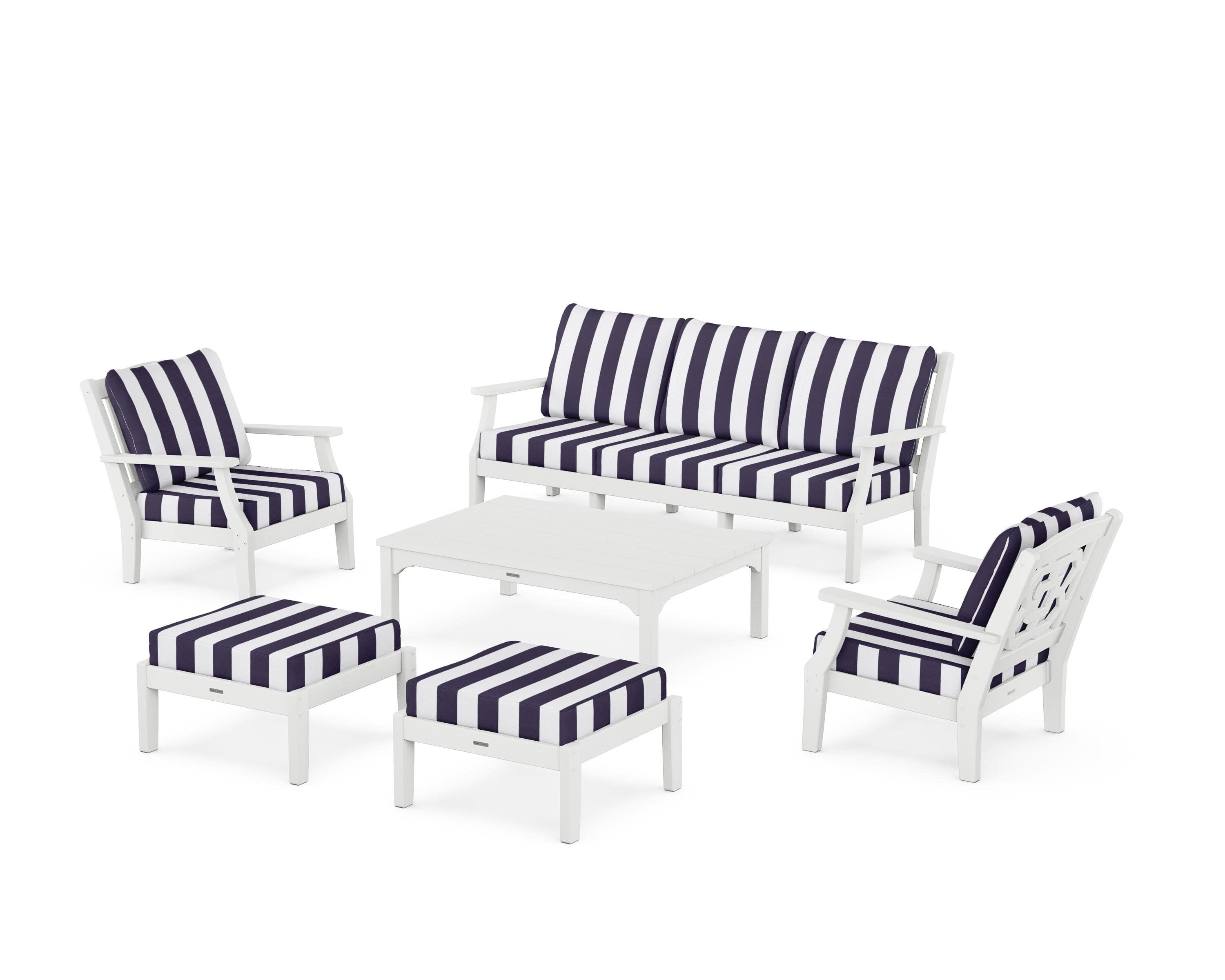 Chinoiserie 6-Piece Lounge Sofa Set in White / Cabana Stripe Navy