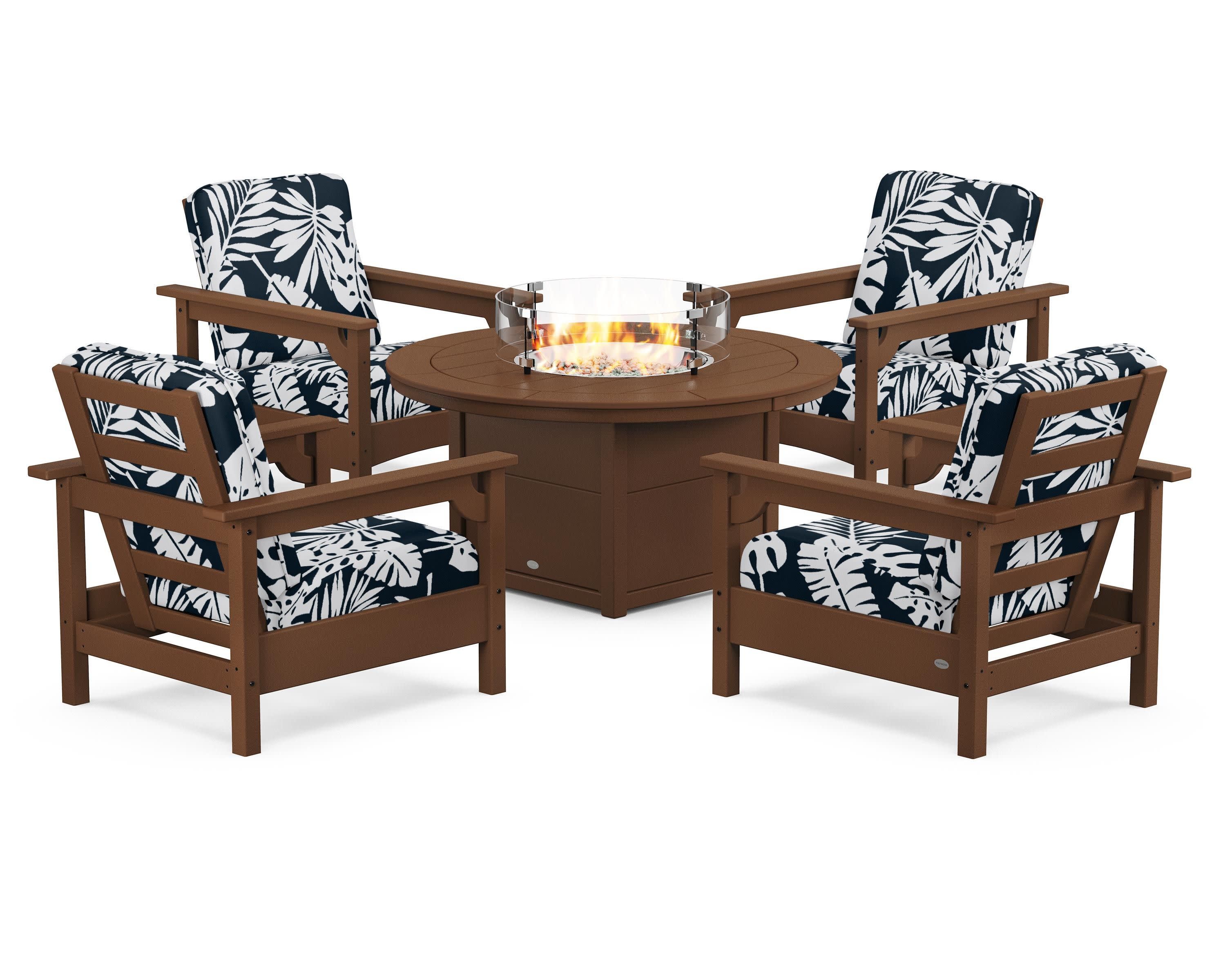 Club 5-Piece Conversation Set with Fire Pit Table in Teak / Leaf Marine Indigo