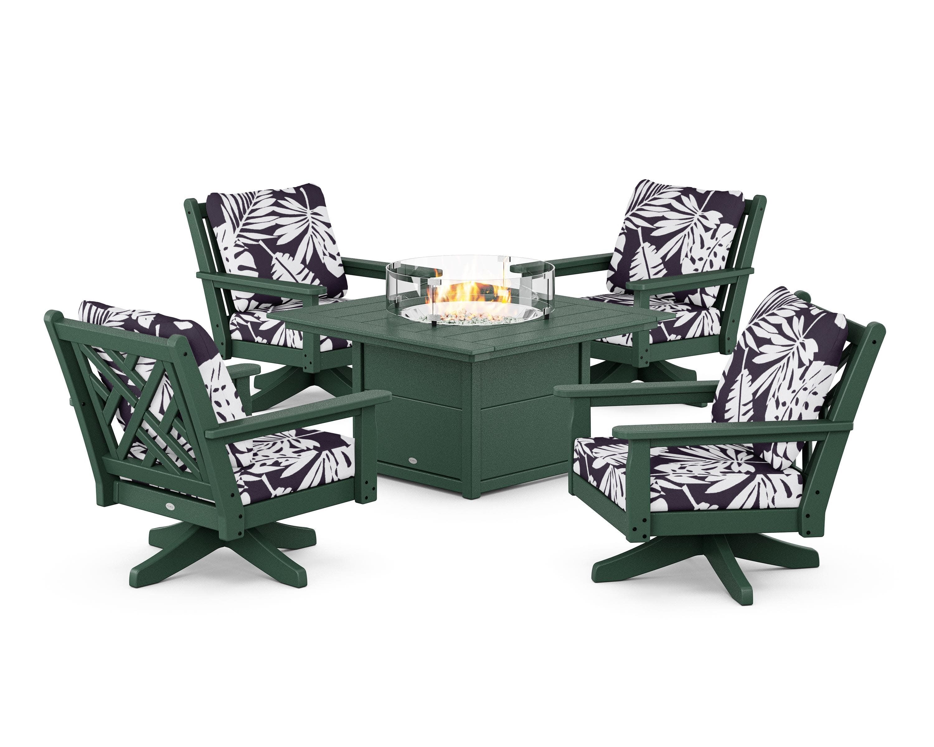 Chippendale 5-Piece Deep Seating Swivel Conversation Set with Fire Pit Table in Green / Leaf Navy