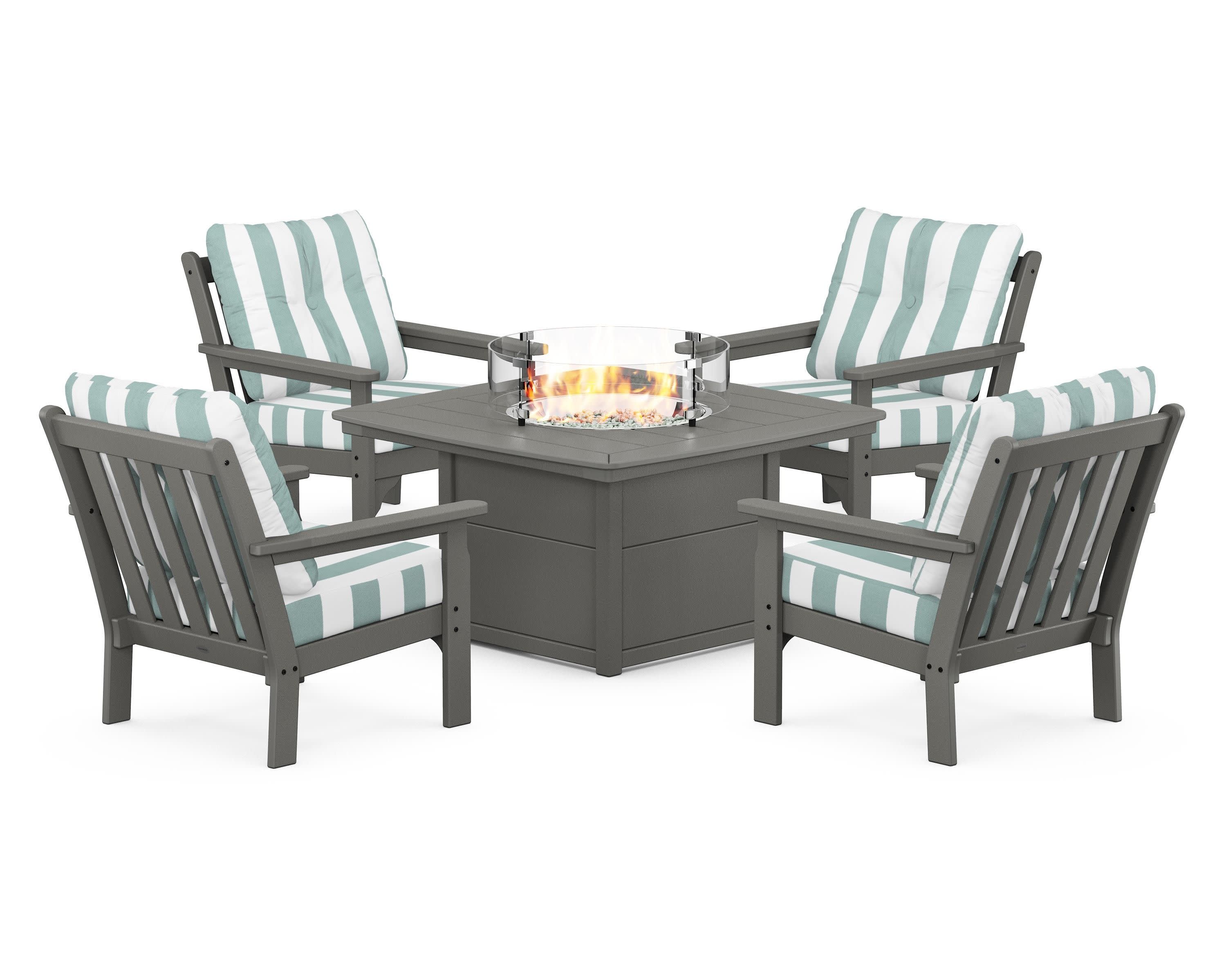 Vineyard 5-Piece Conversation Set with Fire Pit Table in Slate Grey / Cabana Stripe Glacier Spa
