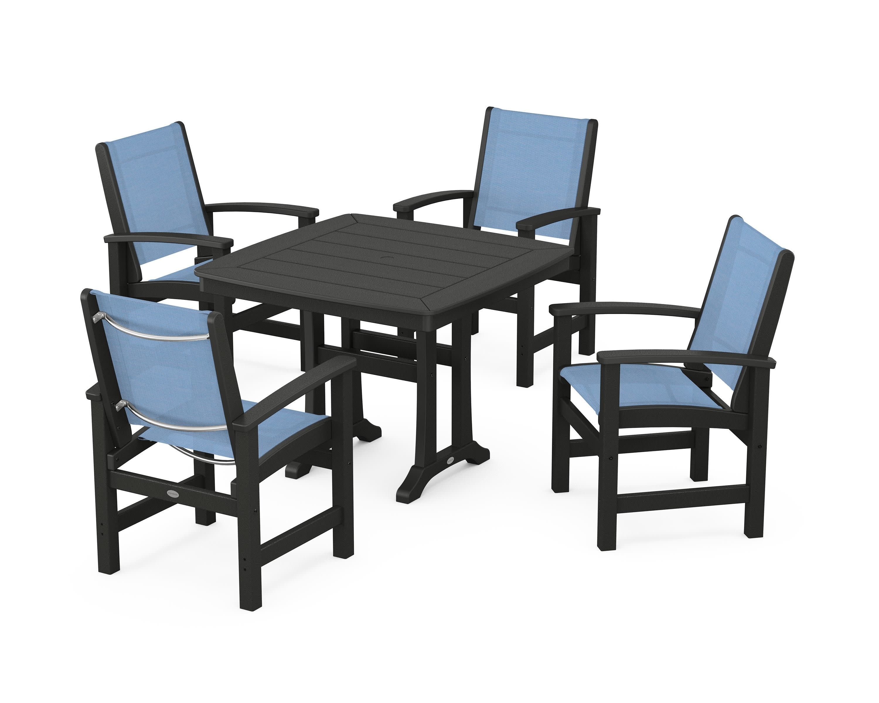 Coastal 5-Piece Dining Set with Trestle Legs in Black / Poolside Sling