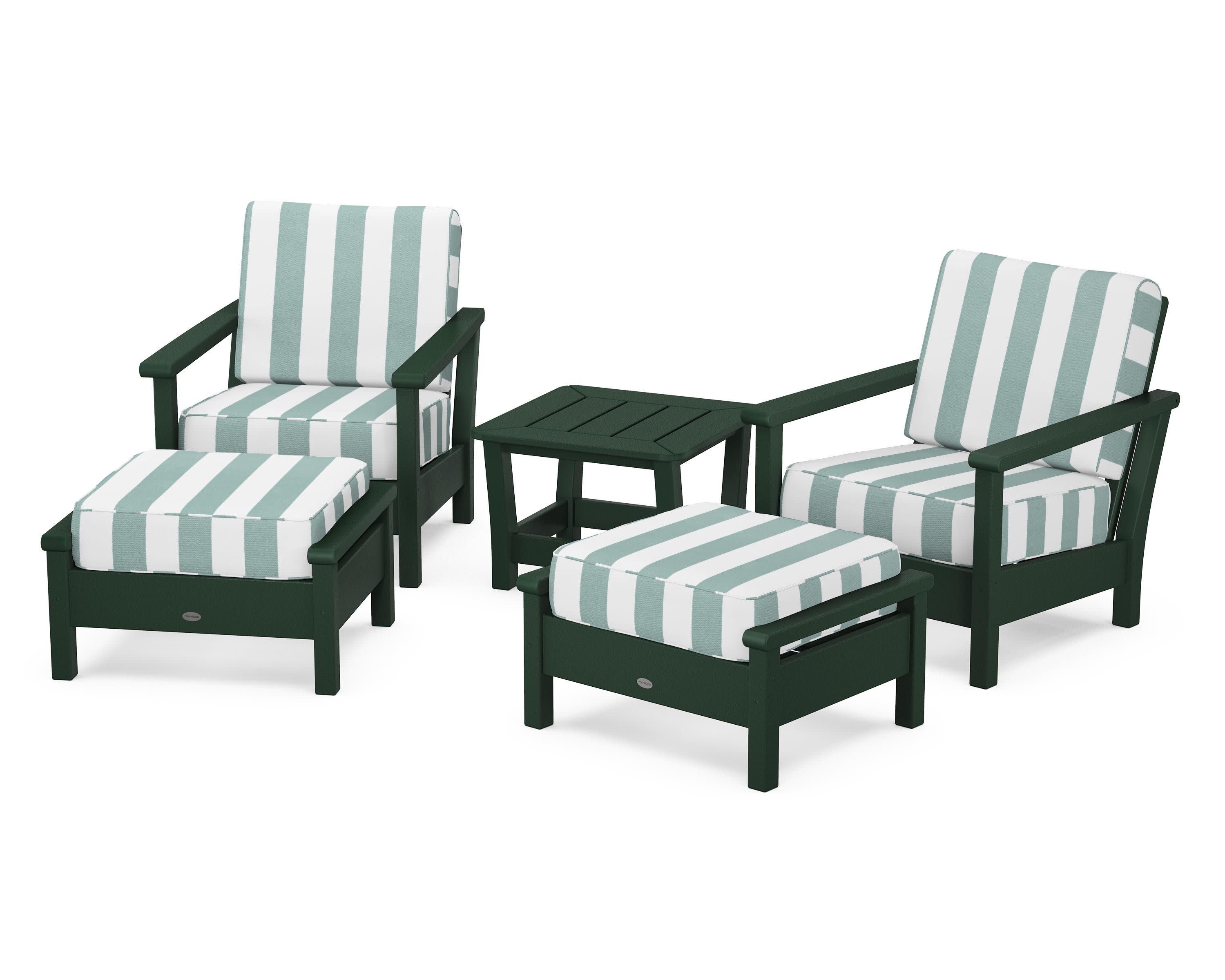Harbour 5-Piece Deep Seating Chair Set in Green / Cabana Stripe Glacier Spa
