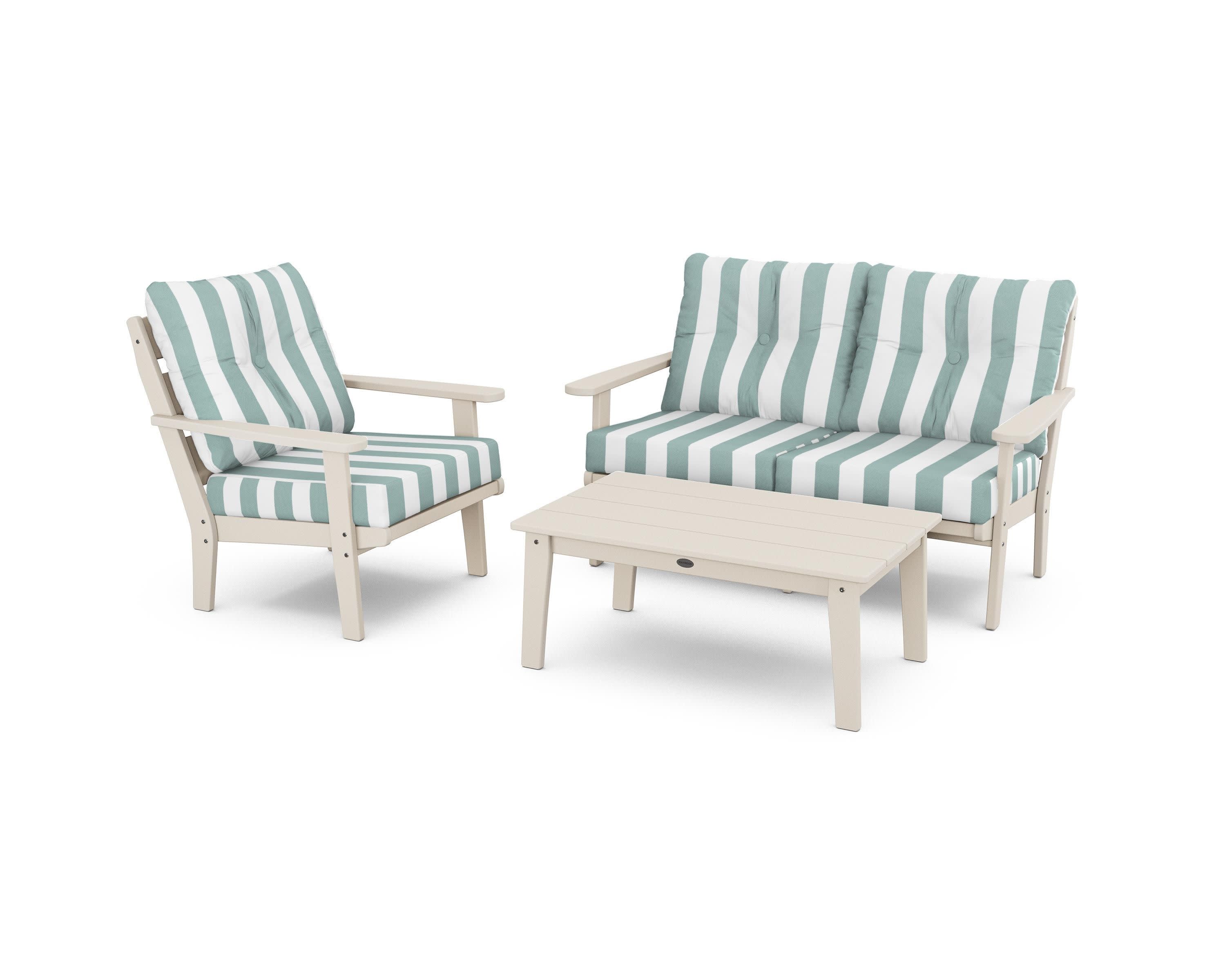 Lakeside 3-Piece Deep Seating Set in Sand / Cabana Stripe Glacier Spa