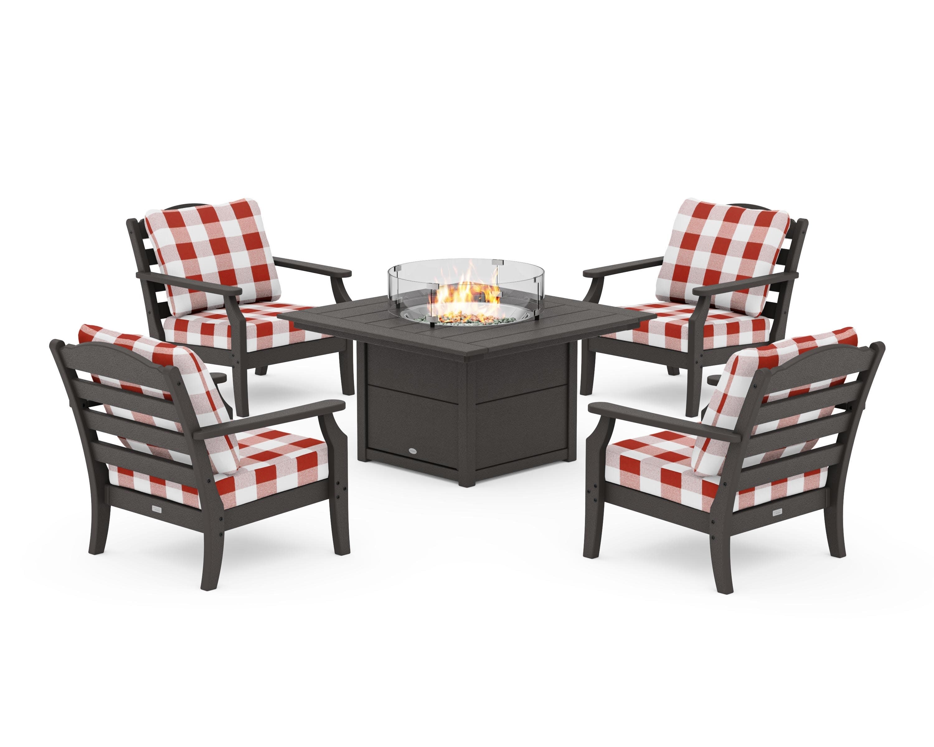 Savannah 5-Piece Deep Seating Set with Fire Pit Table in Vintage Coffee / Buffalo Plaid Crimson