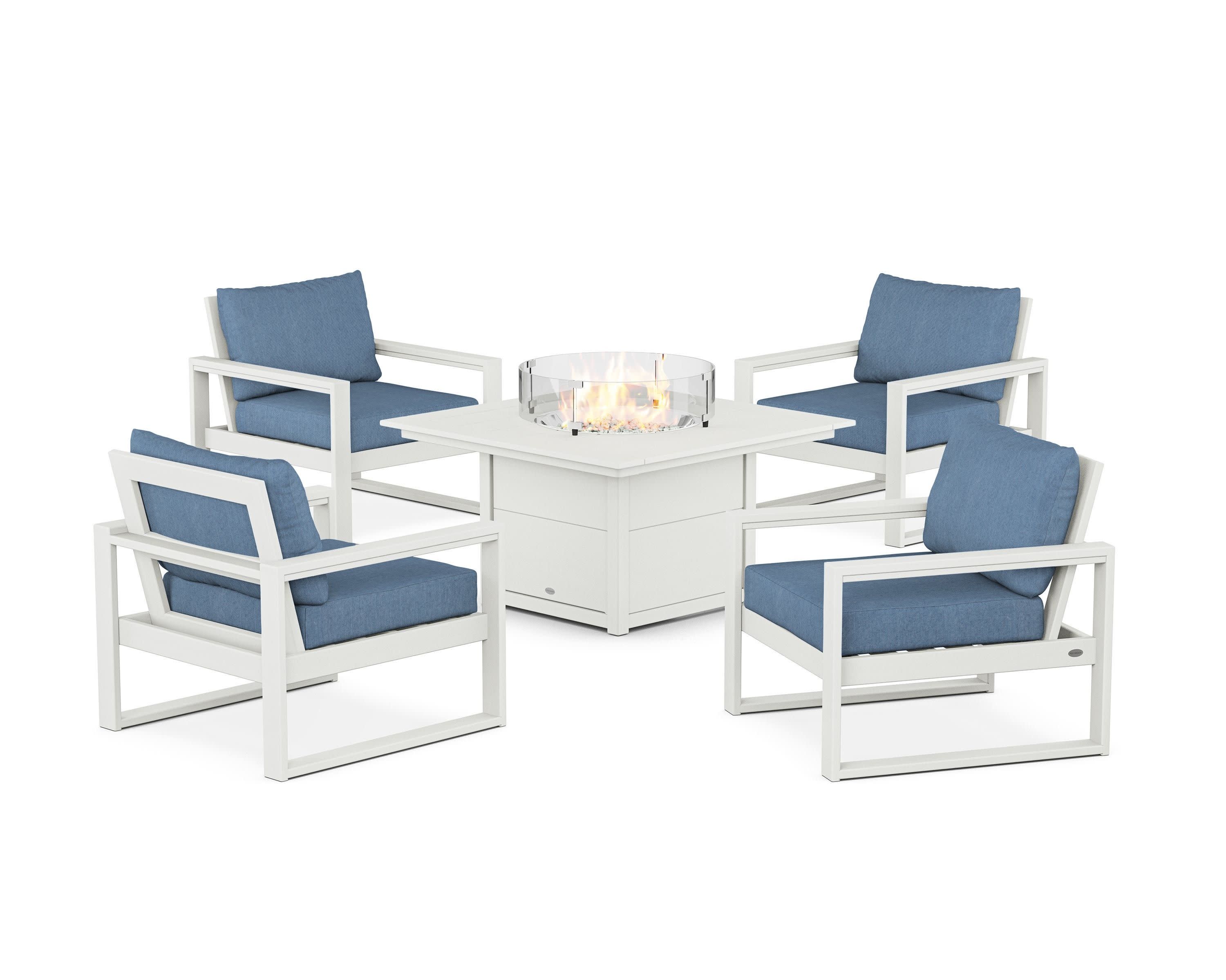 EDGE Sectional 5-Piece Deep Seating Set with Fire Pit Table in Vintage White / Sky Blue
