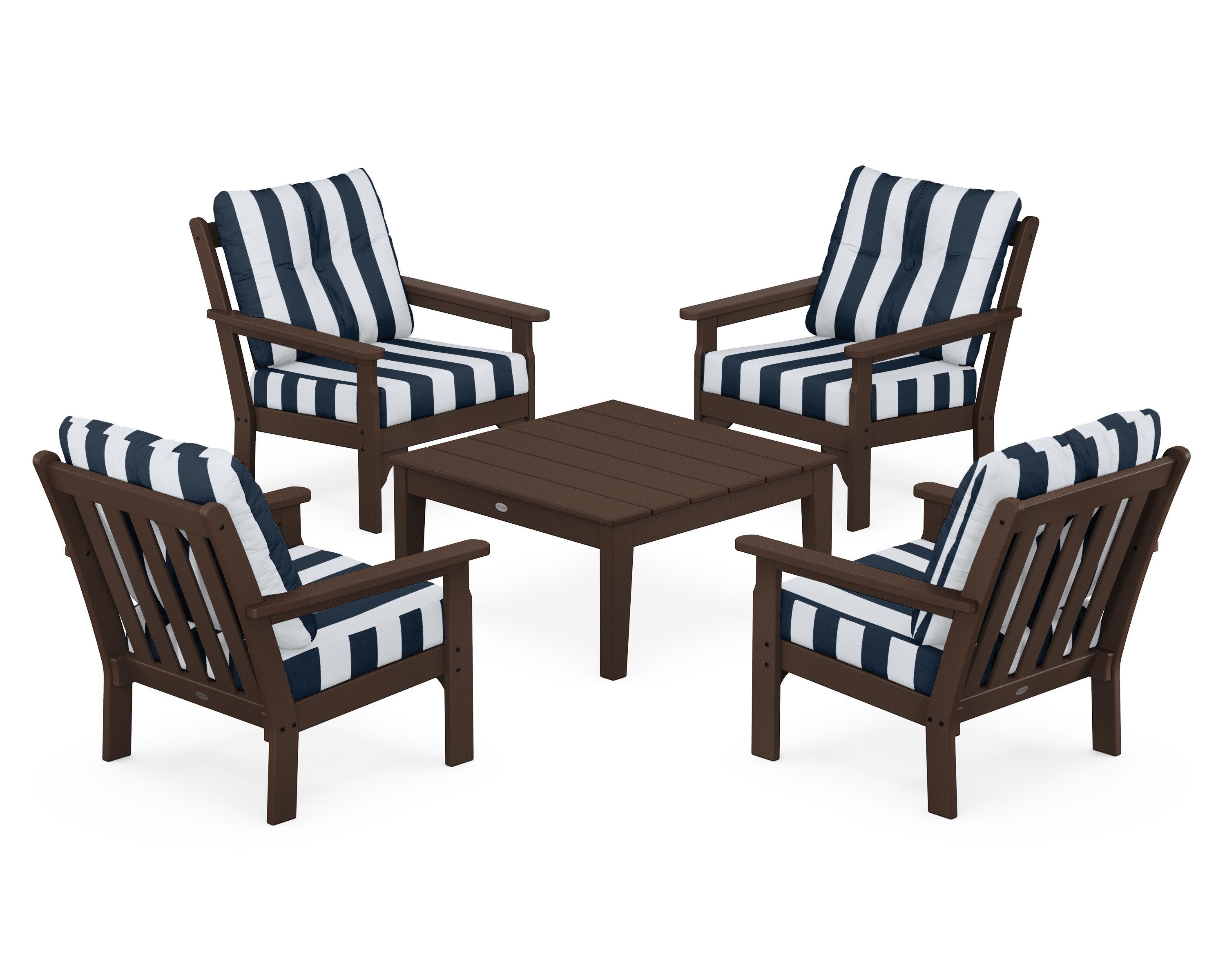 Vineyard 5-Piece Deep Seating Conversation Set in Mahogany / Cabana Stripe Marine Indigo