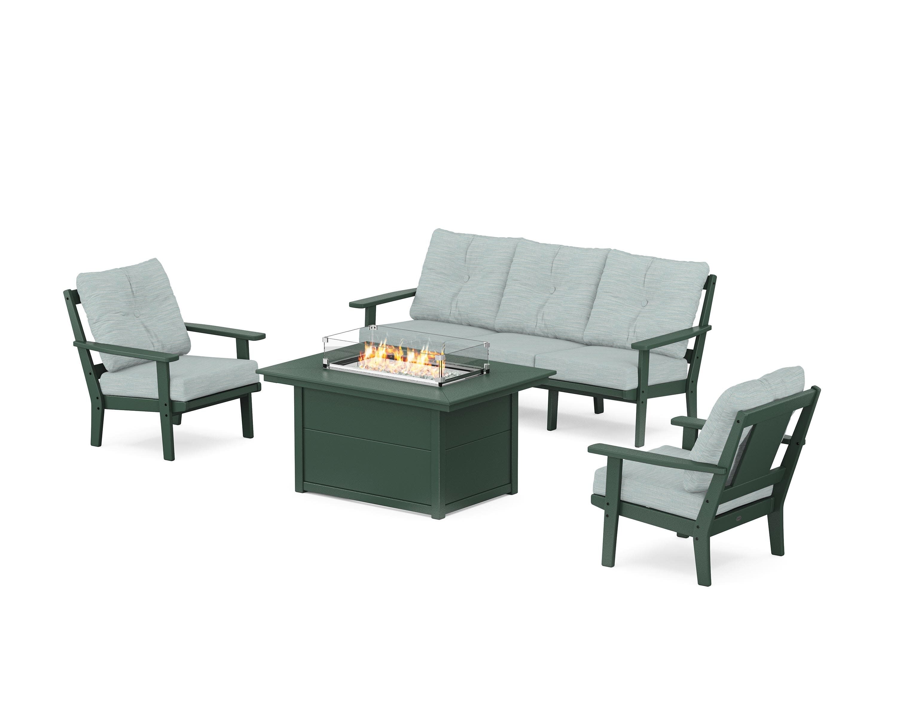 Prairie Deep Seating Fire Pit Table Set in Green / Soothe Mist