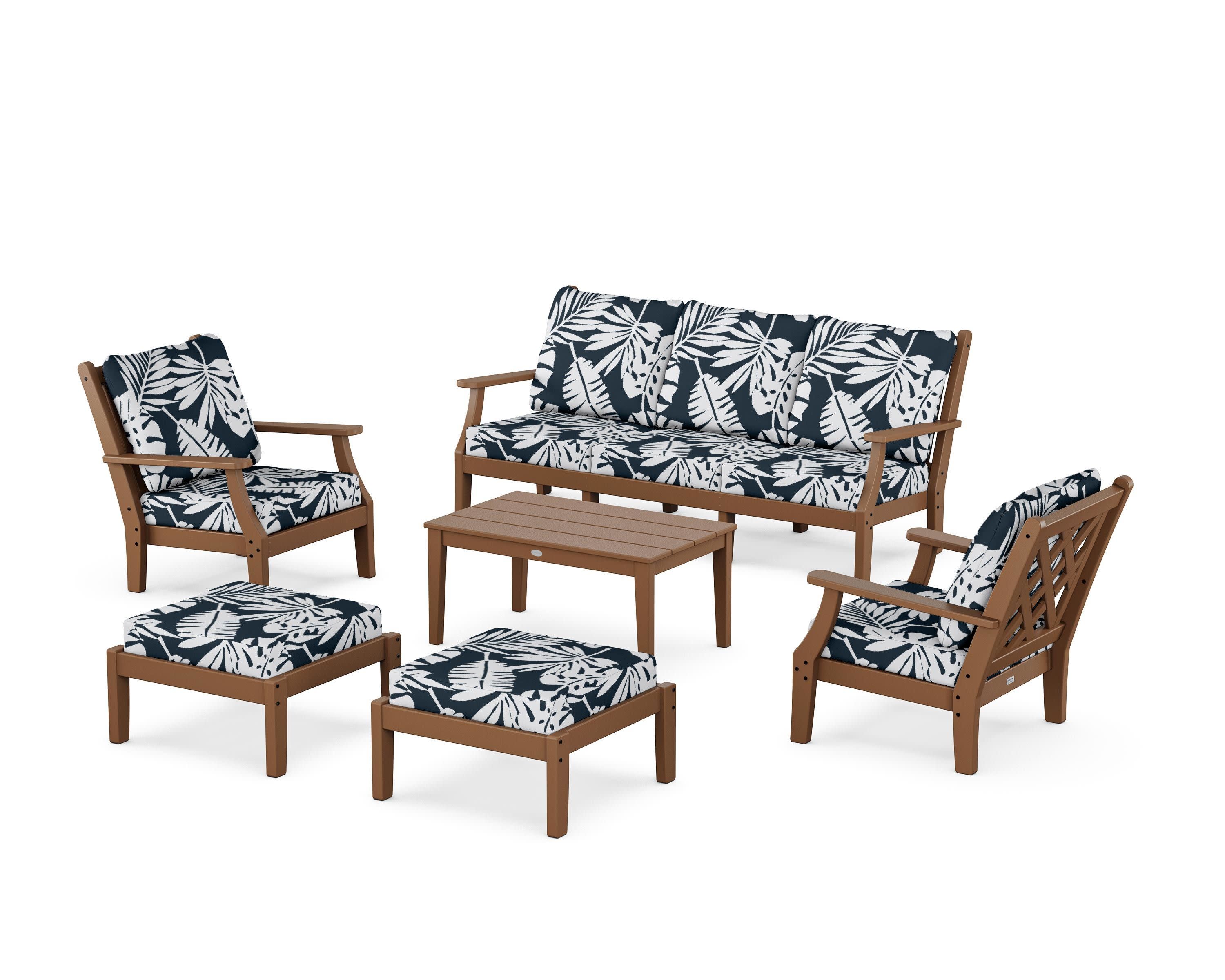 Wovendale 6-Piece Lounge Sofa Set in Teak / Leaf Marine Indigo