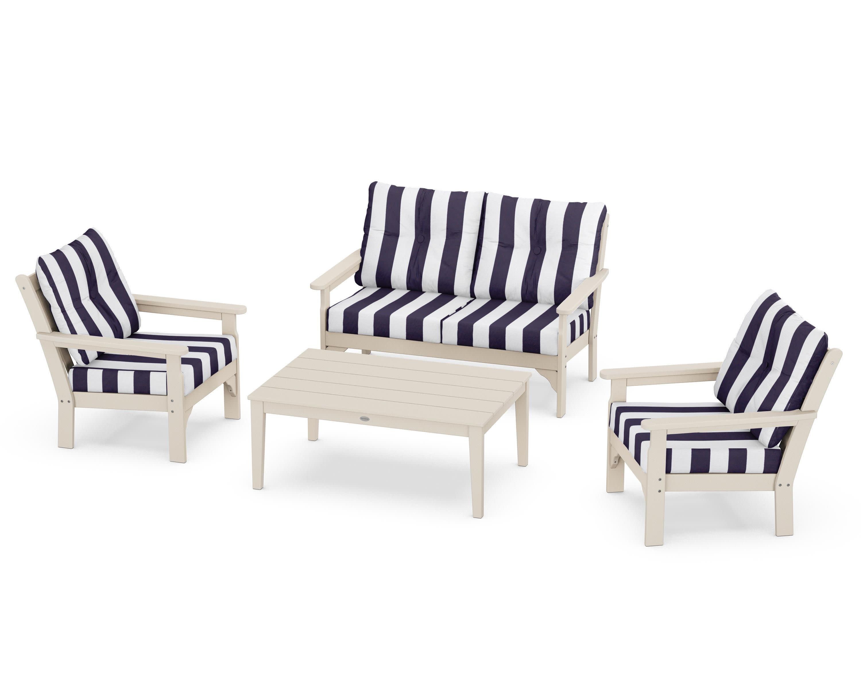Vineyard 4-Piece Deep Seating Set in Sand / Cabana Stripe Navy