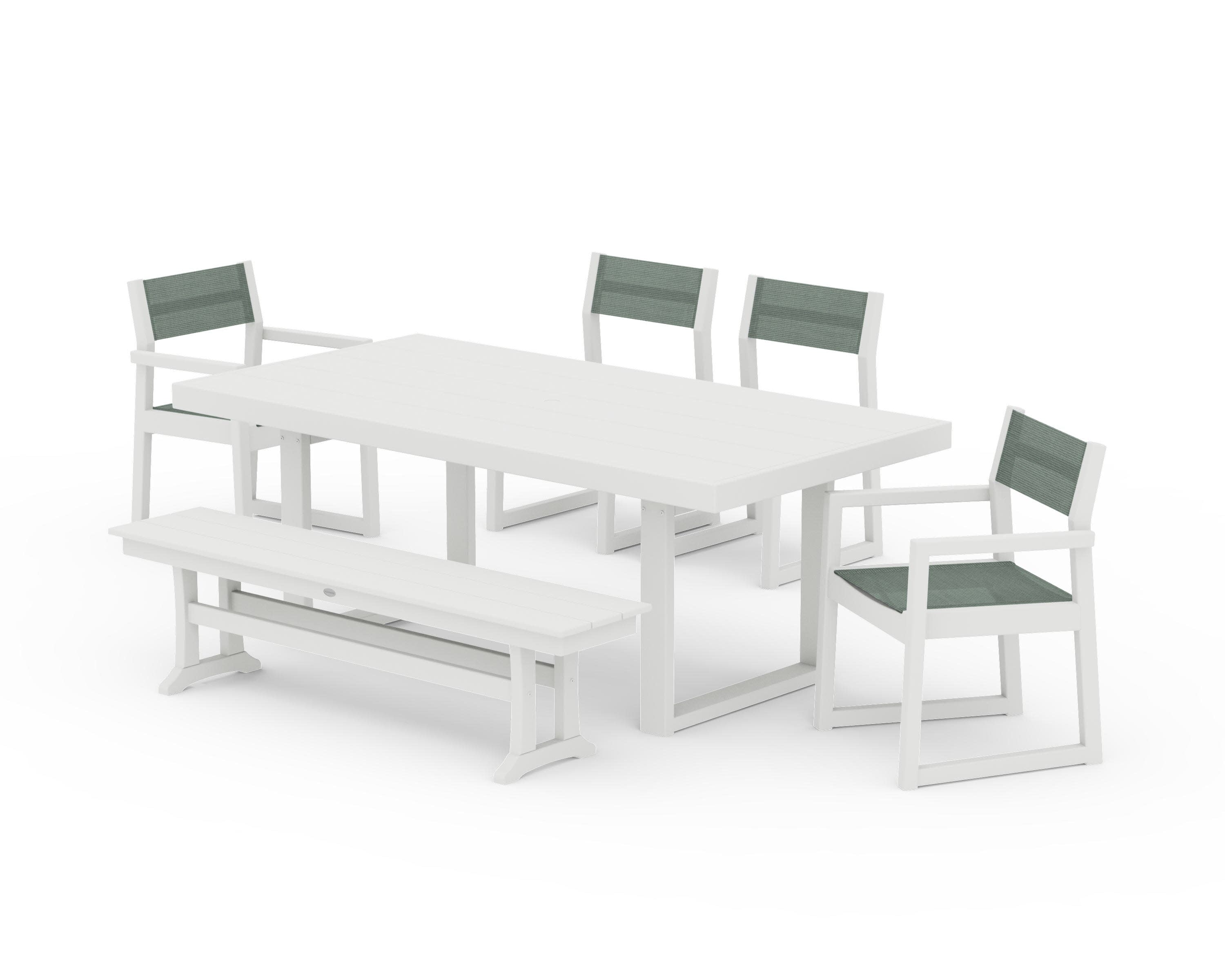 EDGE Sling 6-Piece Dining Set with Bench in Vintage White / Dupioni Sea Mist Sling