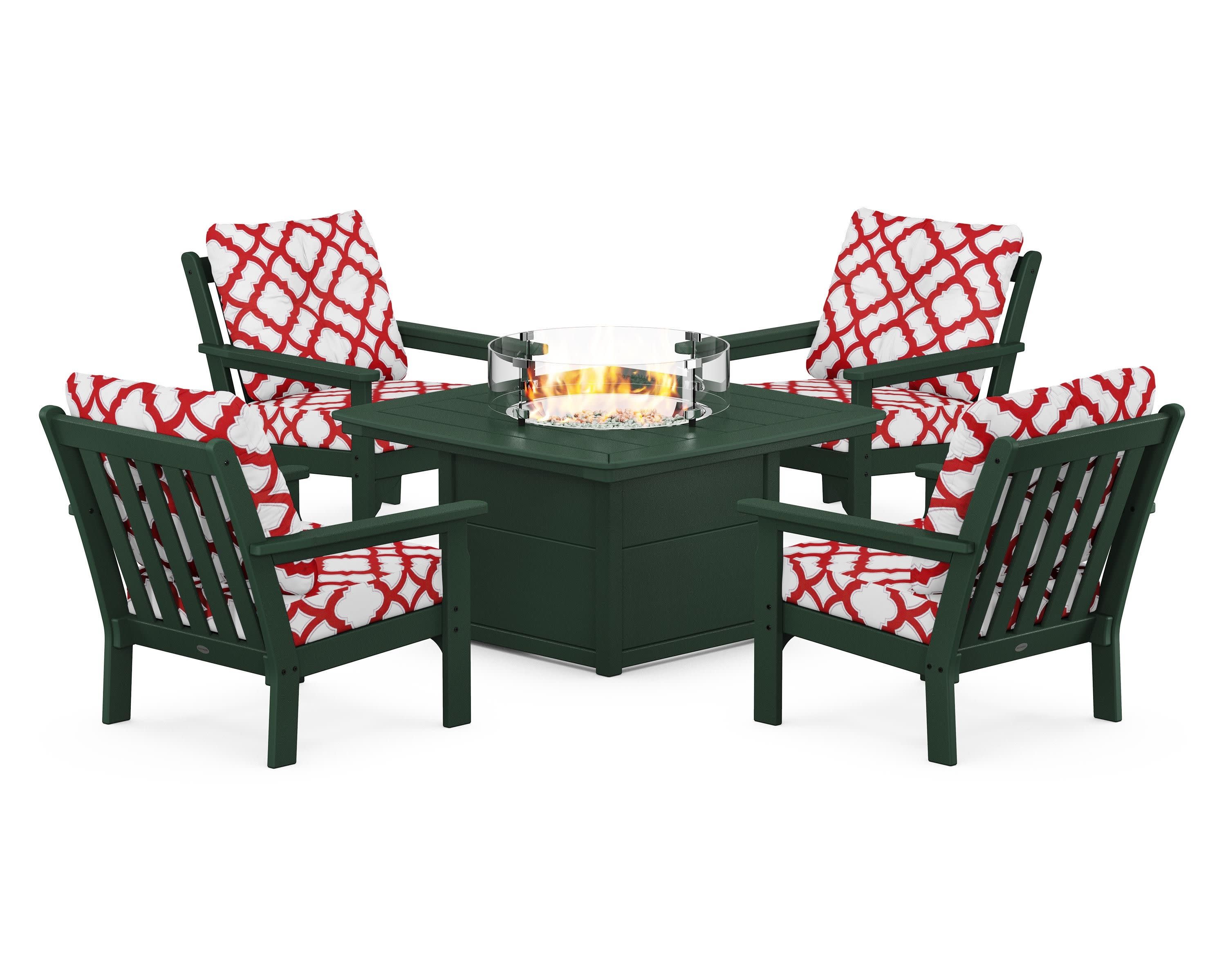 Vineyard 5-Piece Conversation Set with Fire Pit Table in Green / Trellis Crimson