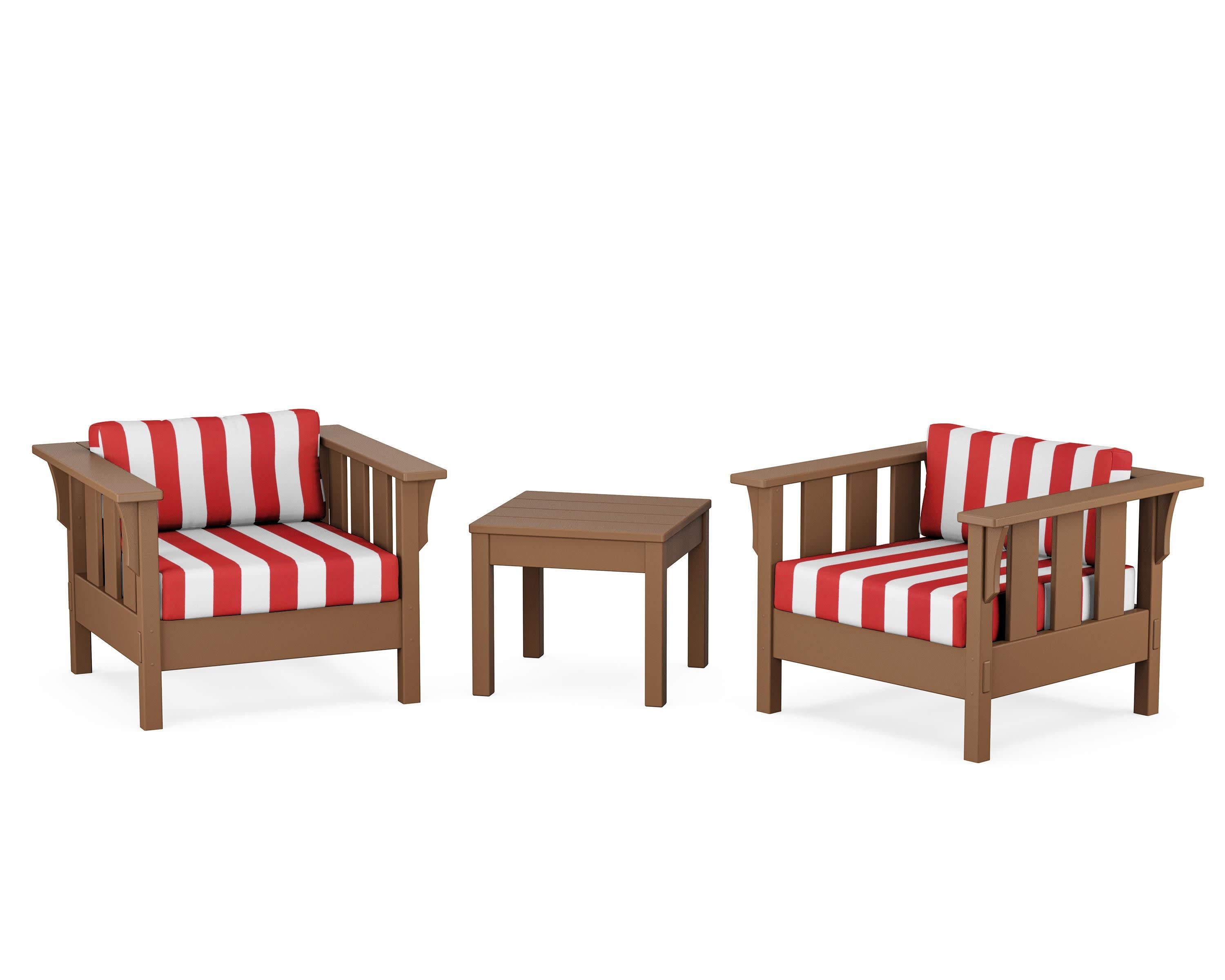 Acadia 3-Piece Deep Seating Set in Teak / Cabana Stripe Crimson