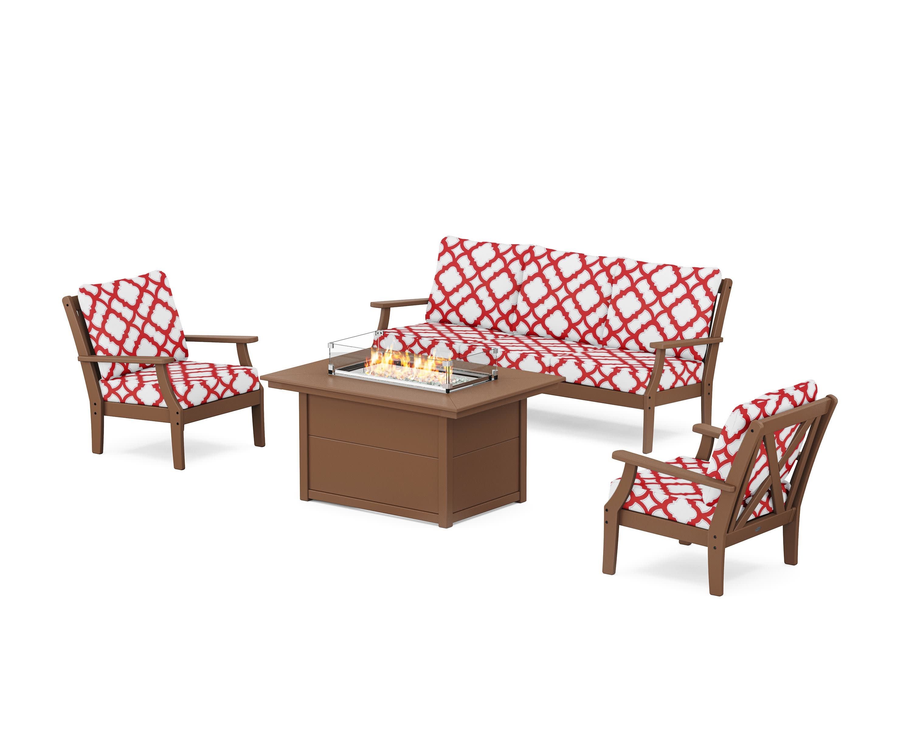 Braxton Deep Seating Fire Pit Table Set in Teak / Trellis Crimson