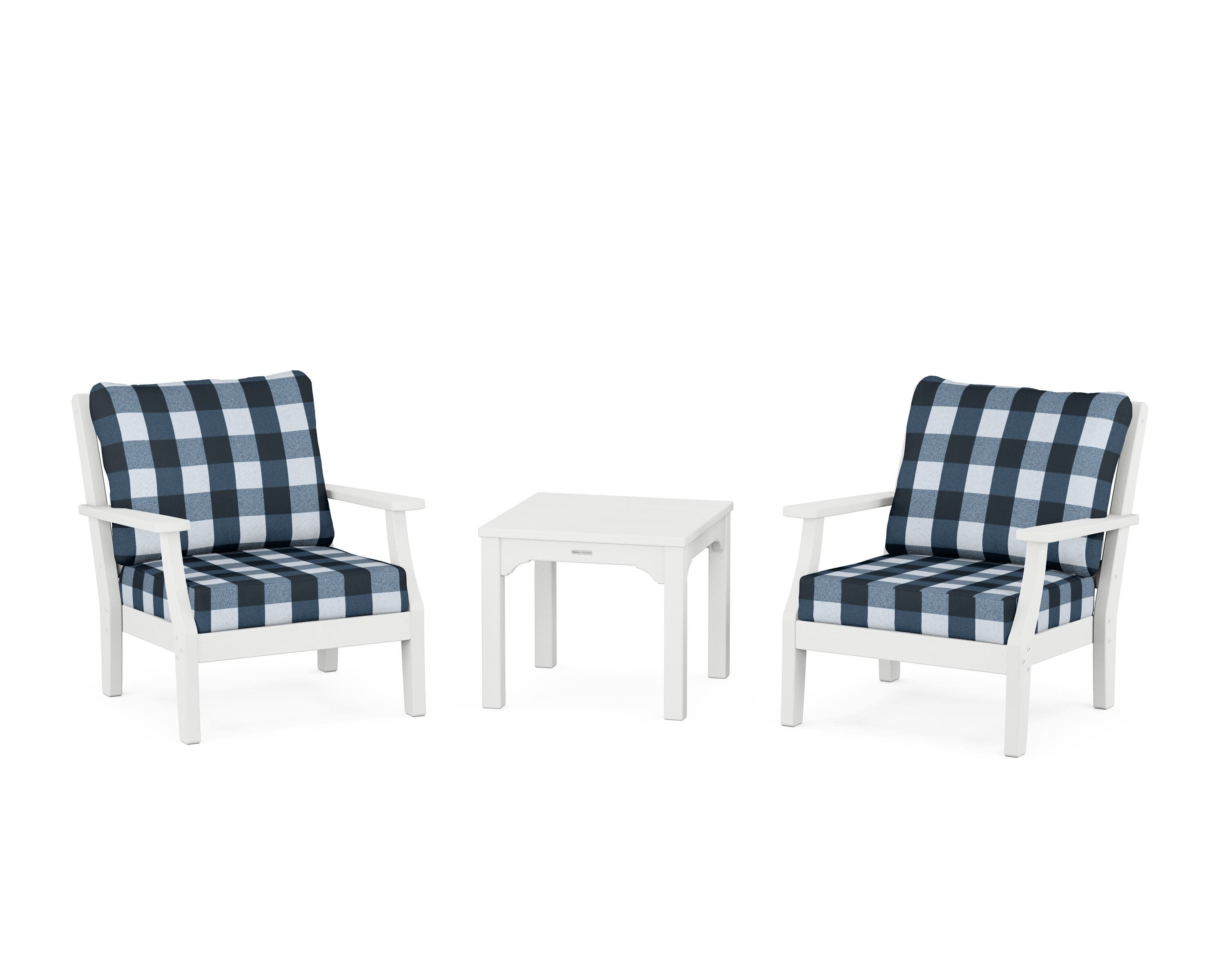 Chinoiserie 3-Piece Deep Seating Set in White / Buffalo Plaid Marine Indigo