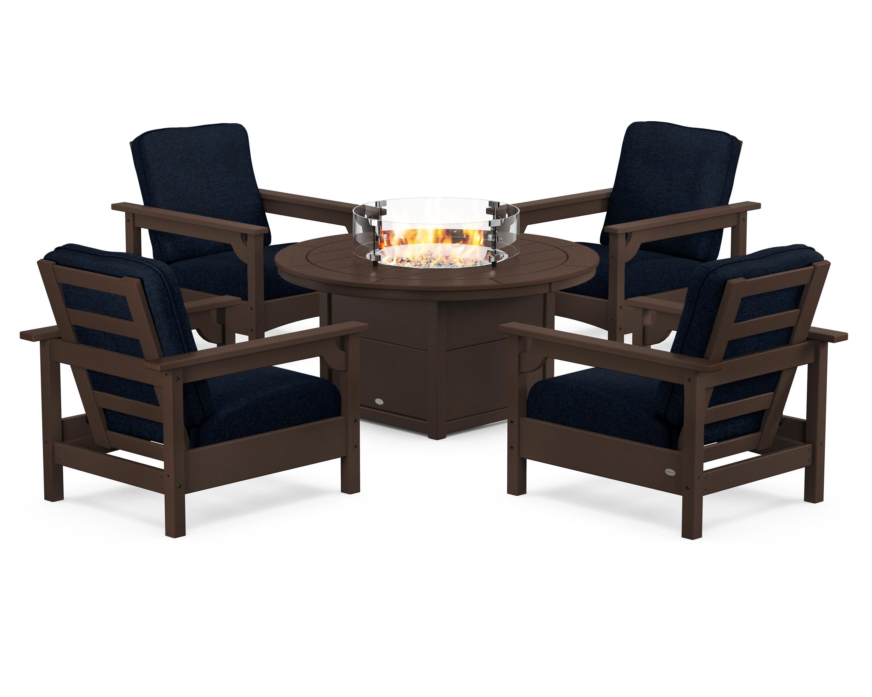 Club 5-Piece Conversation Set with Fire Pit Table in Mahogany / Marine Indigo