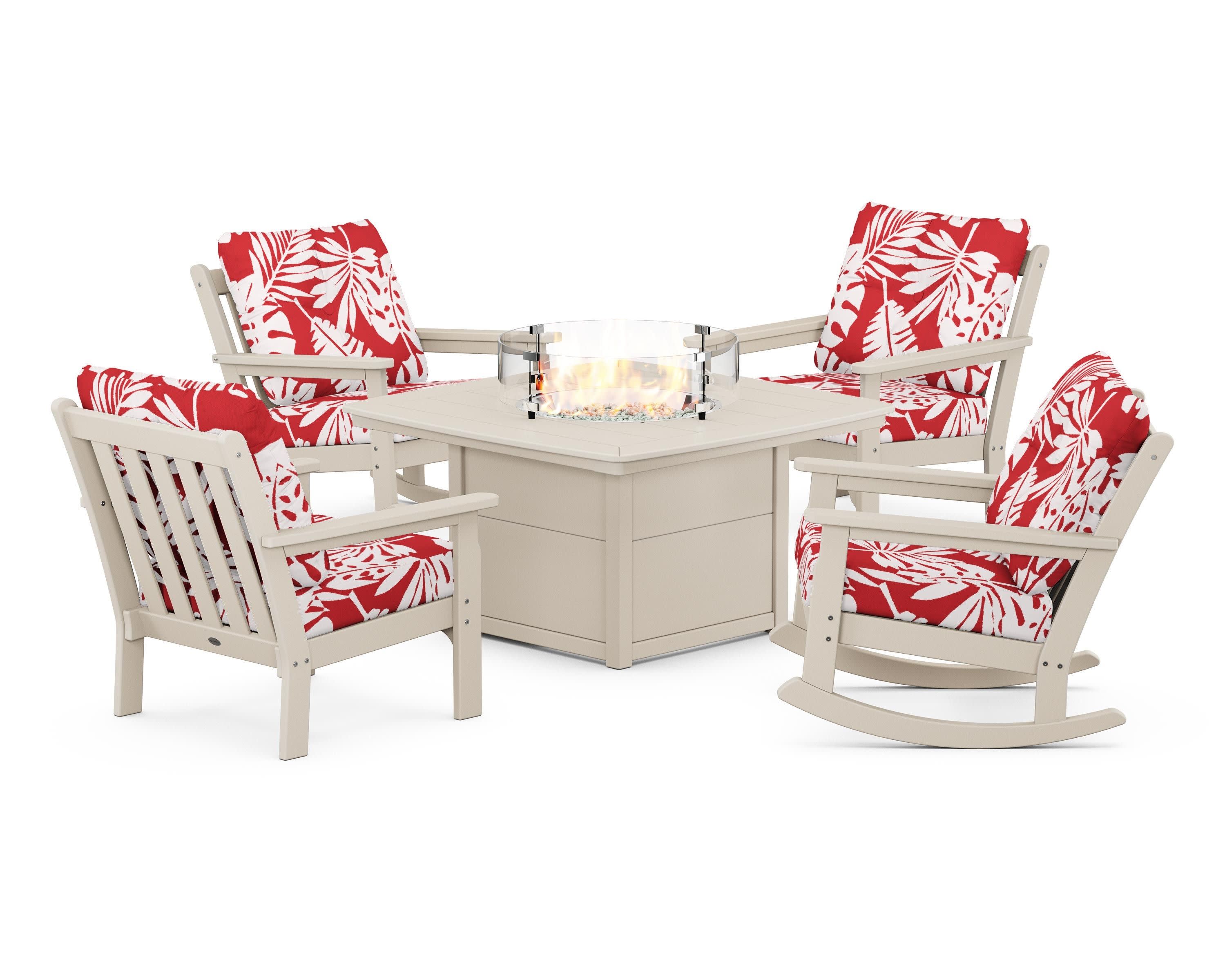 Vineyard 5-Piece Deep Seating Rocking Chair Conversation Set with Fire Pit Table in Sand / Leaf Crimson